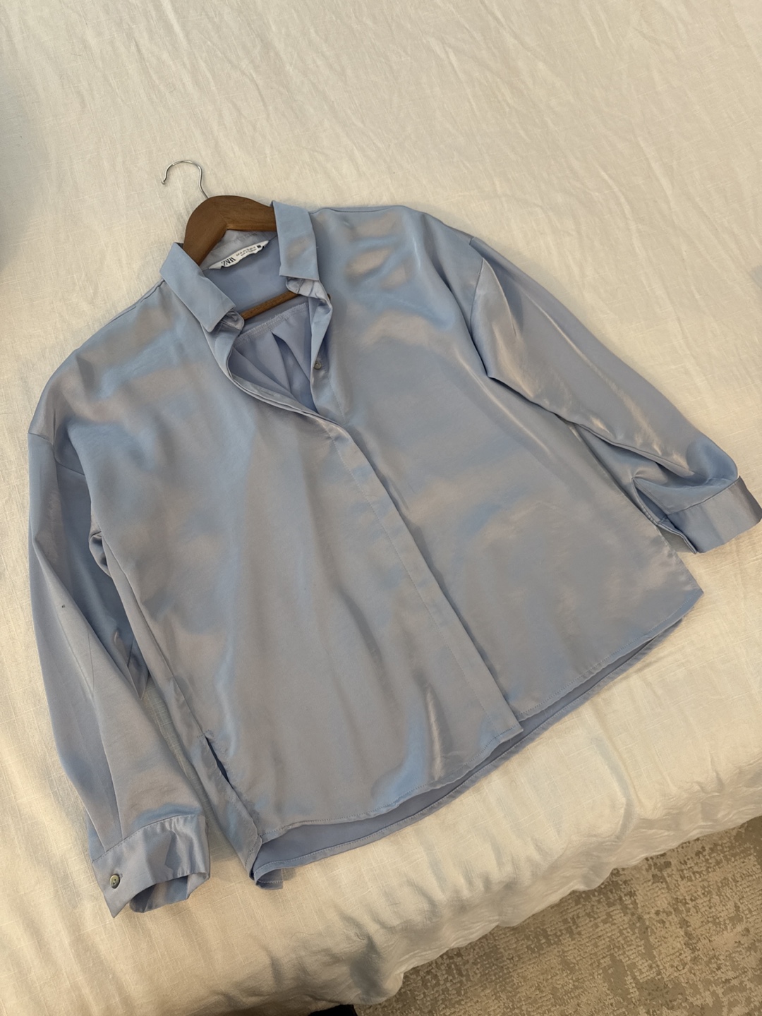Zara Light Blue satin Button-Up Shirt blouse