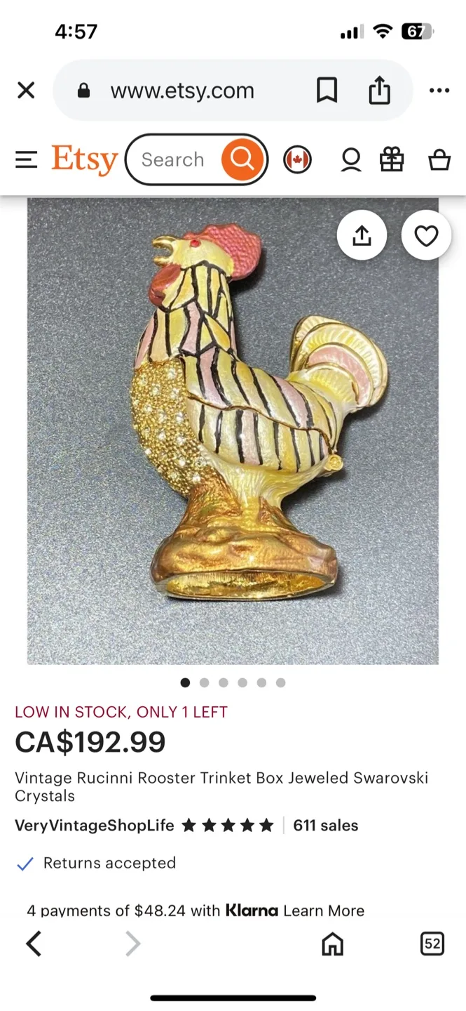 VINTAGE RUCINNI ROOSTER TRINKET BOX JEWELED SWAROVSKI pull image indicator(9)