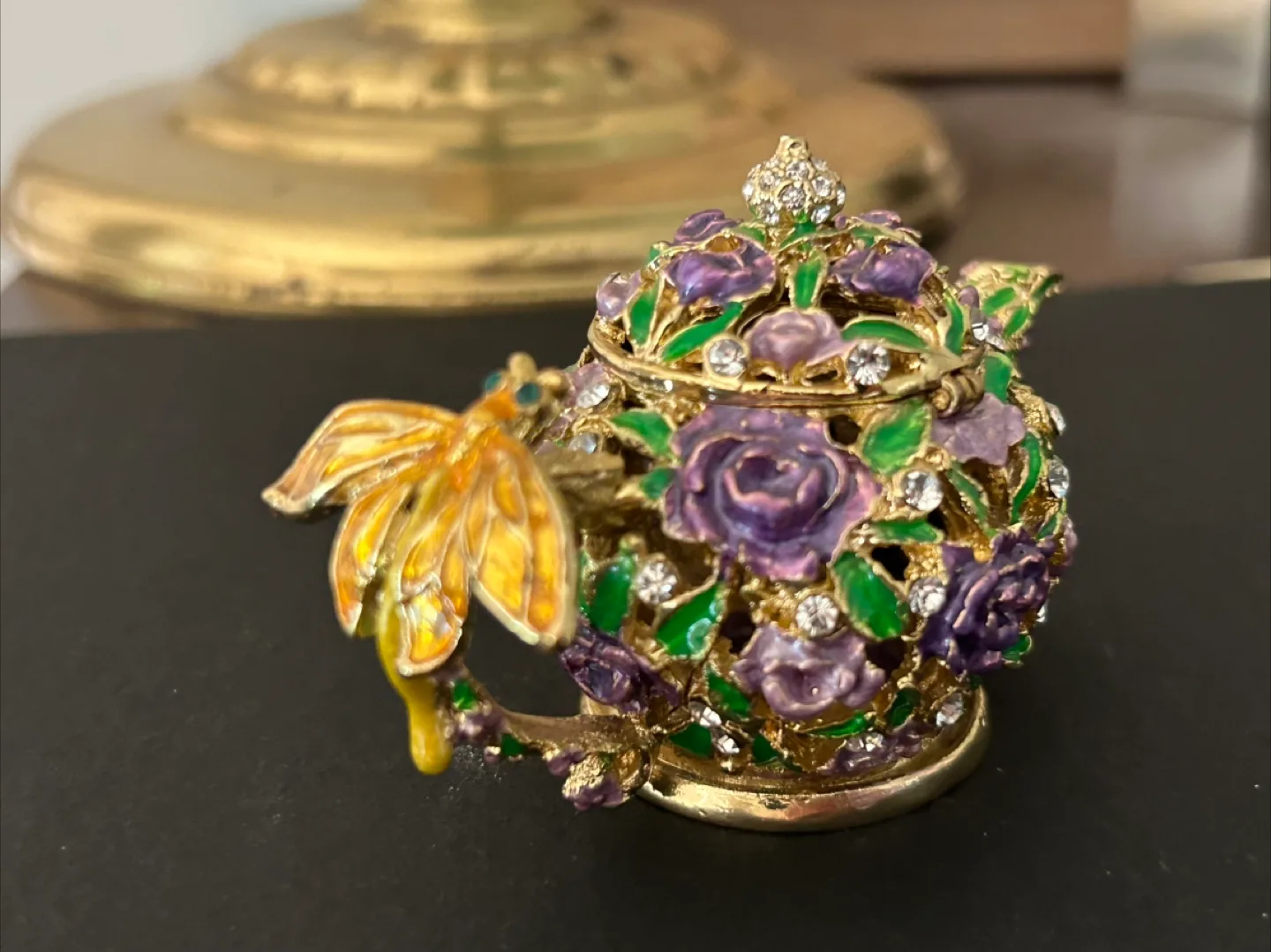 $25 Hand Painted Teapot Trinket Box Enameled Jewelry Box pill image indicator(3)