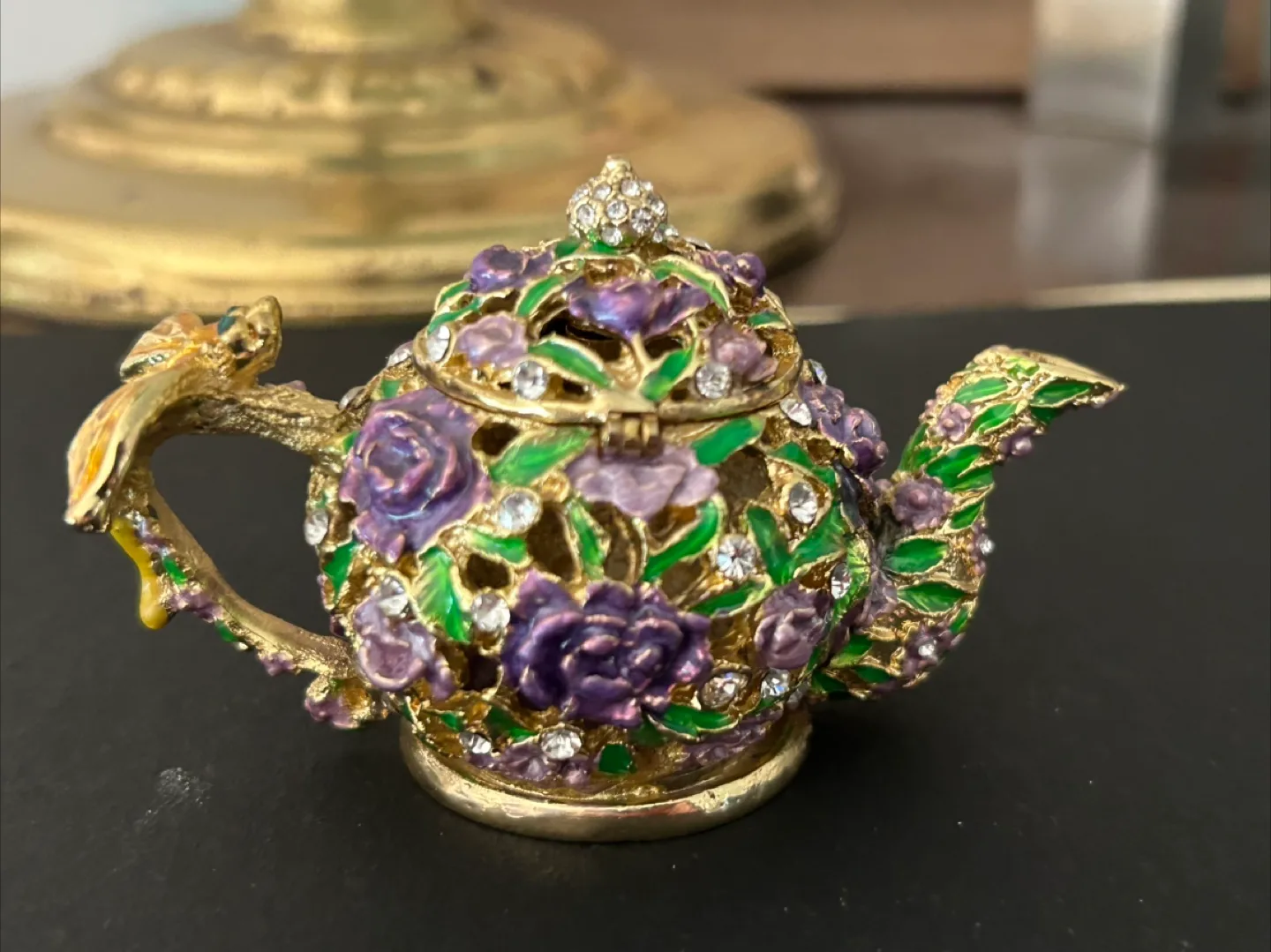 $25 Hand Painted Teapot Trinket Box Enameled Jewelry Box pill image indicator(4)