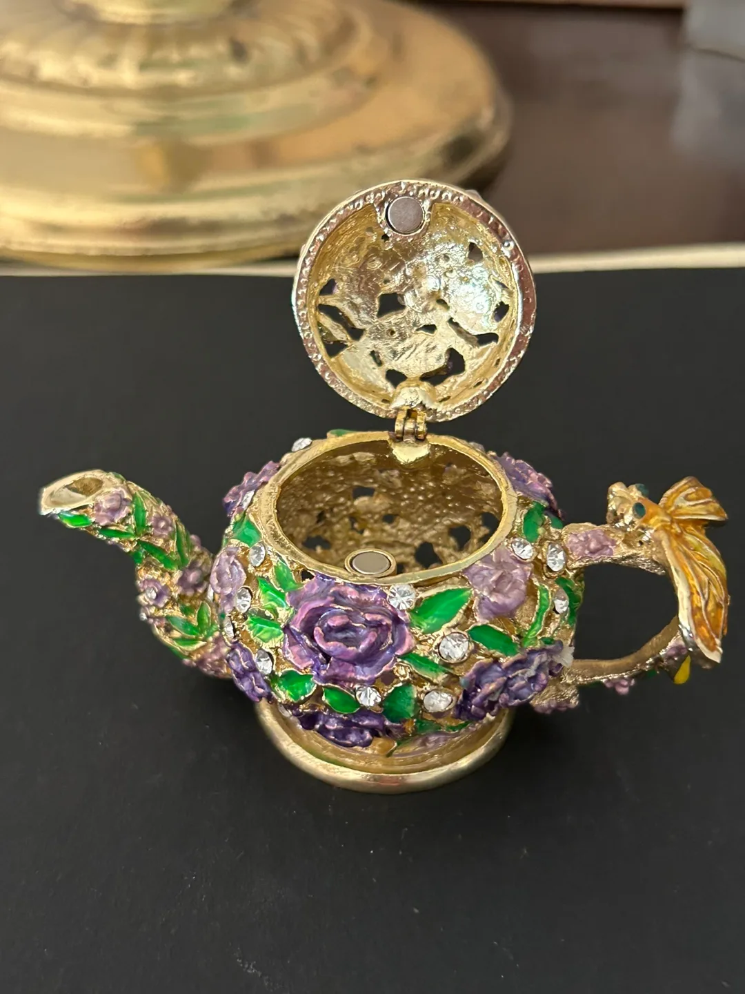 $25 Hand Painted Teapot Trinket Box Enameled Jewelry Box pill image indicator(5)