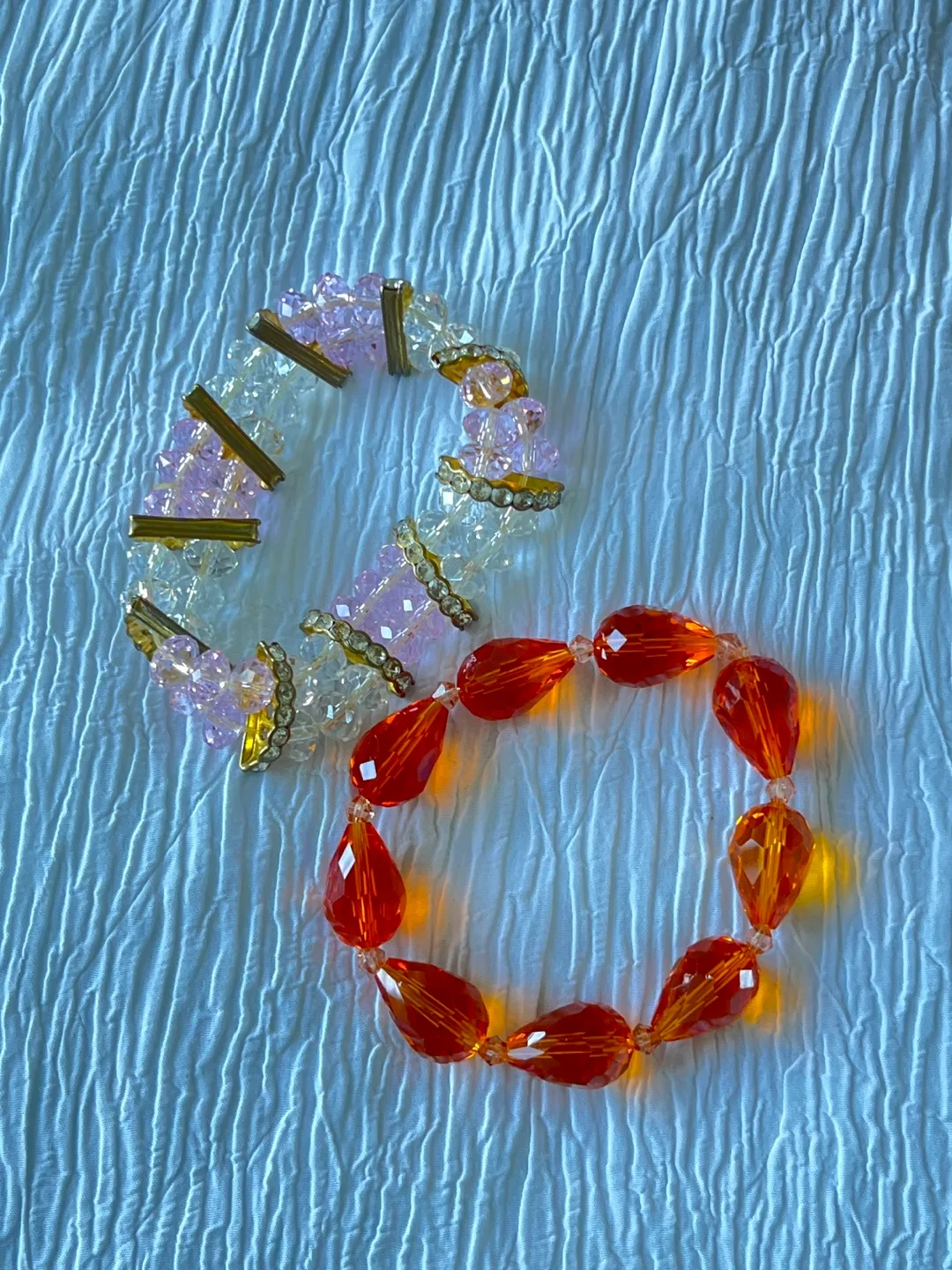 Two Beaded Bracelets - Orange & Pink/Clear/Gold thumbnail
