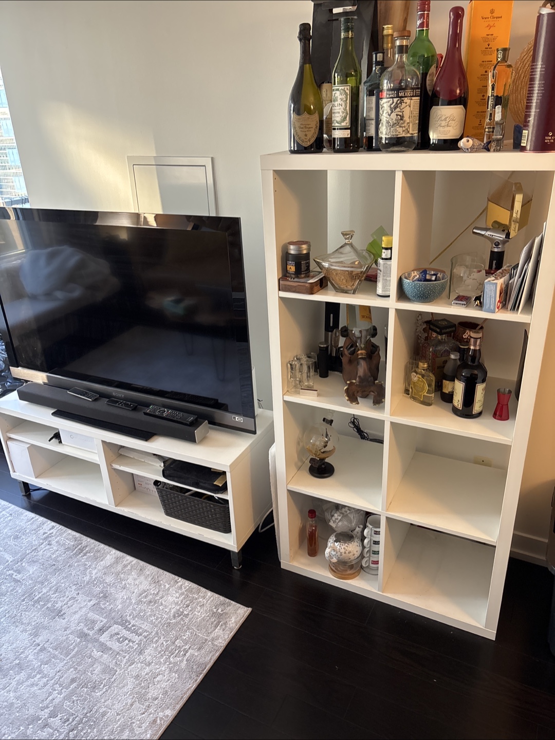 White IKEA Shelf Units and TV Stand