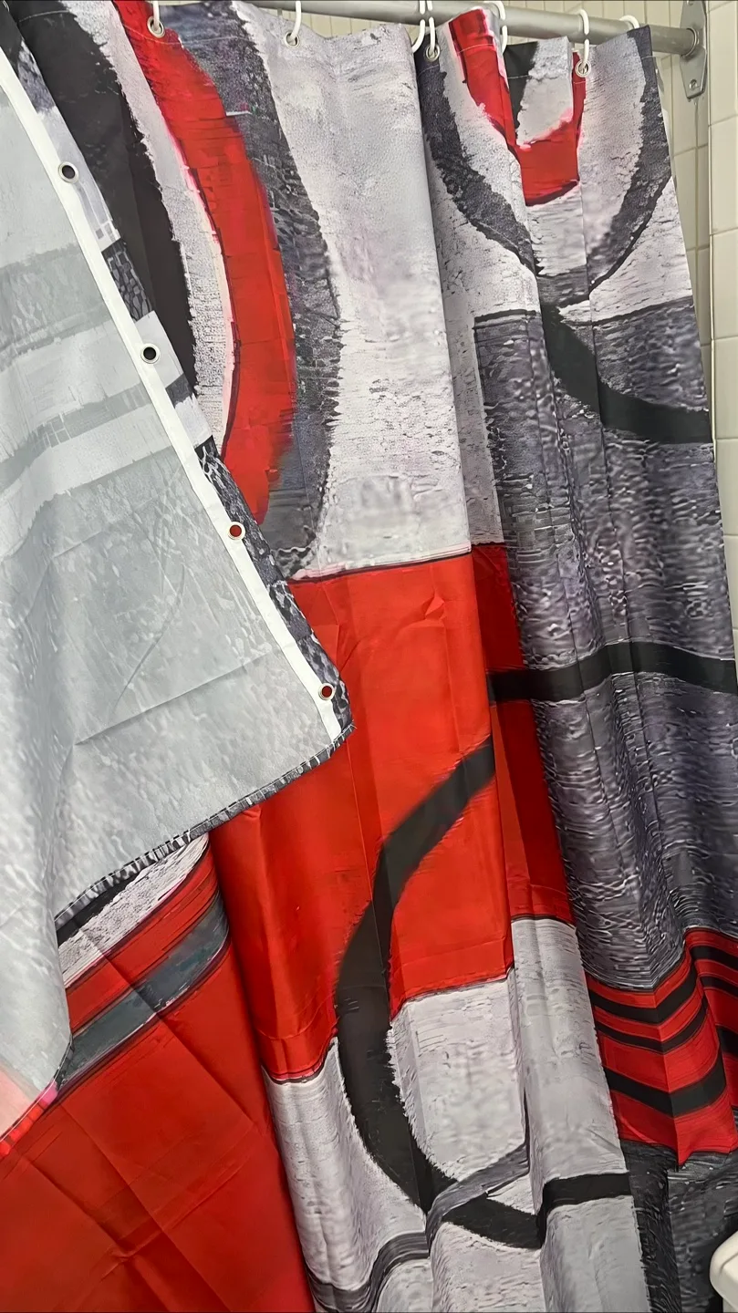 Red & Grey Patterned Shower Curtain & Bath Mat Set image indicator(2)