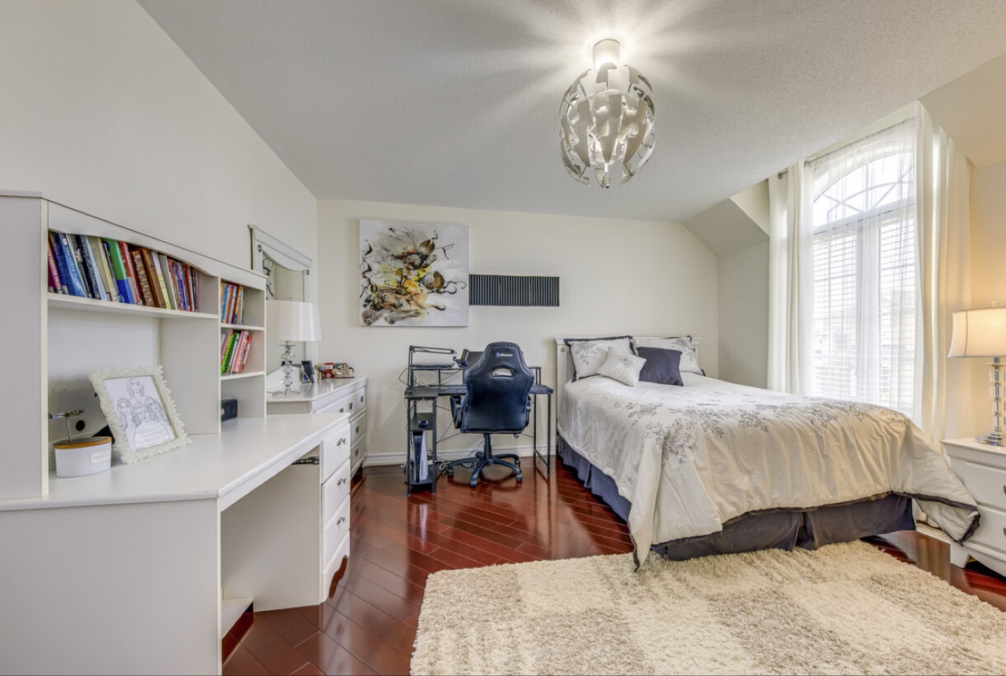 Bed frame, bookshelf, vanity with mirror, night stand