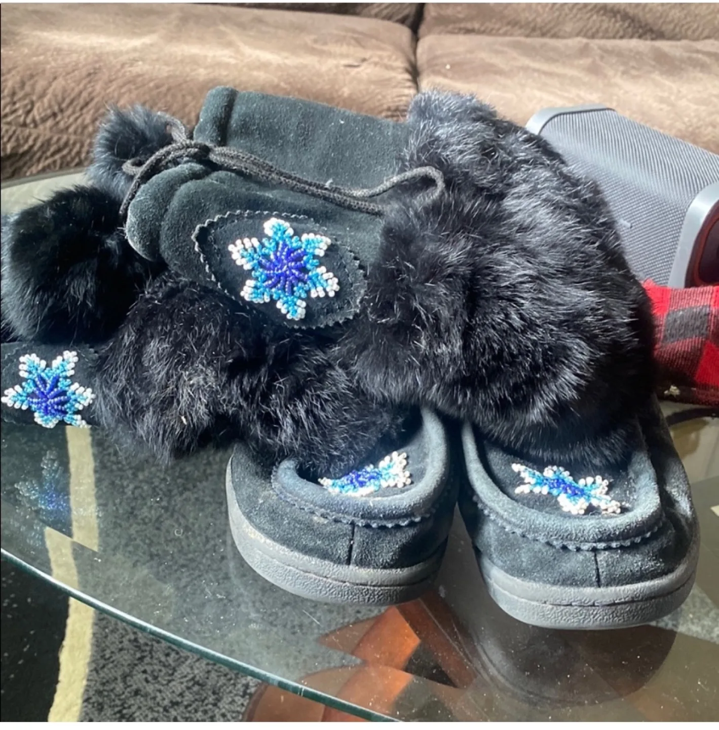 Black Moccasin Boots with Fur Trim thumbnail
