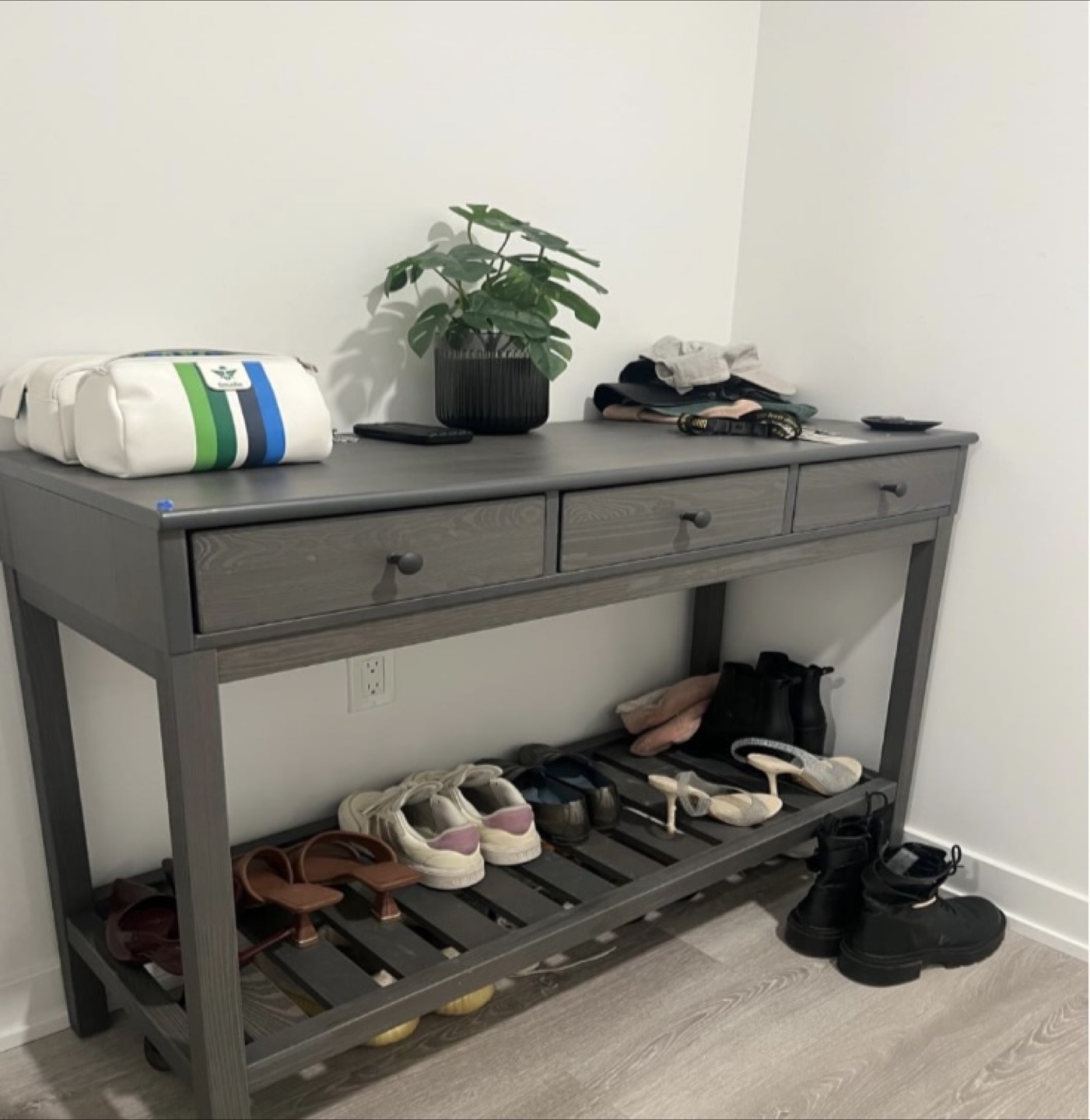 Modern gray entryway console table with shoe rack & drawers