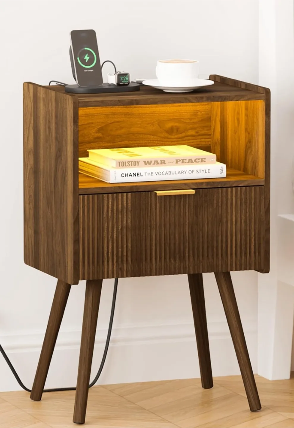 Brown Wood Nightstand with Drawer