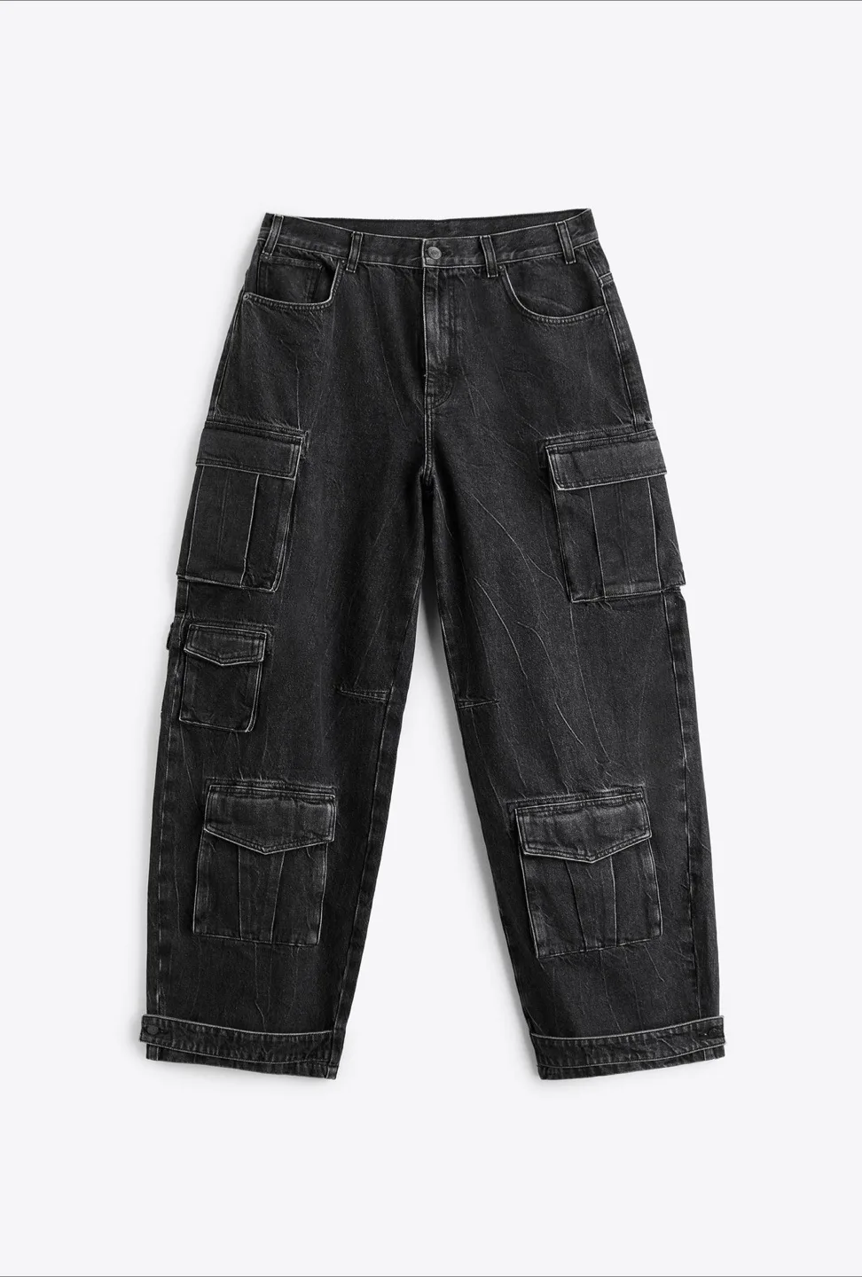 Zara Black Denim Cargo Pants Size 44 thumbnail