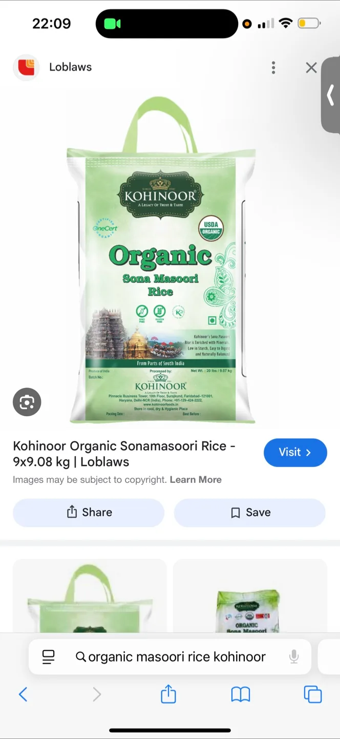 Kohinoor Organic Sona Masoori Rice - 8kgs thumbnail