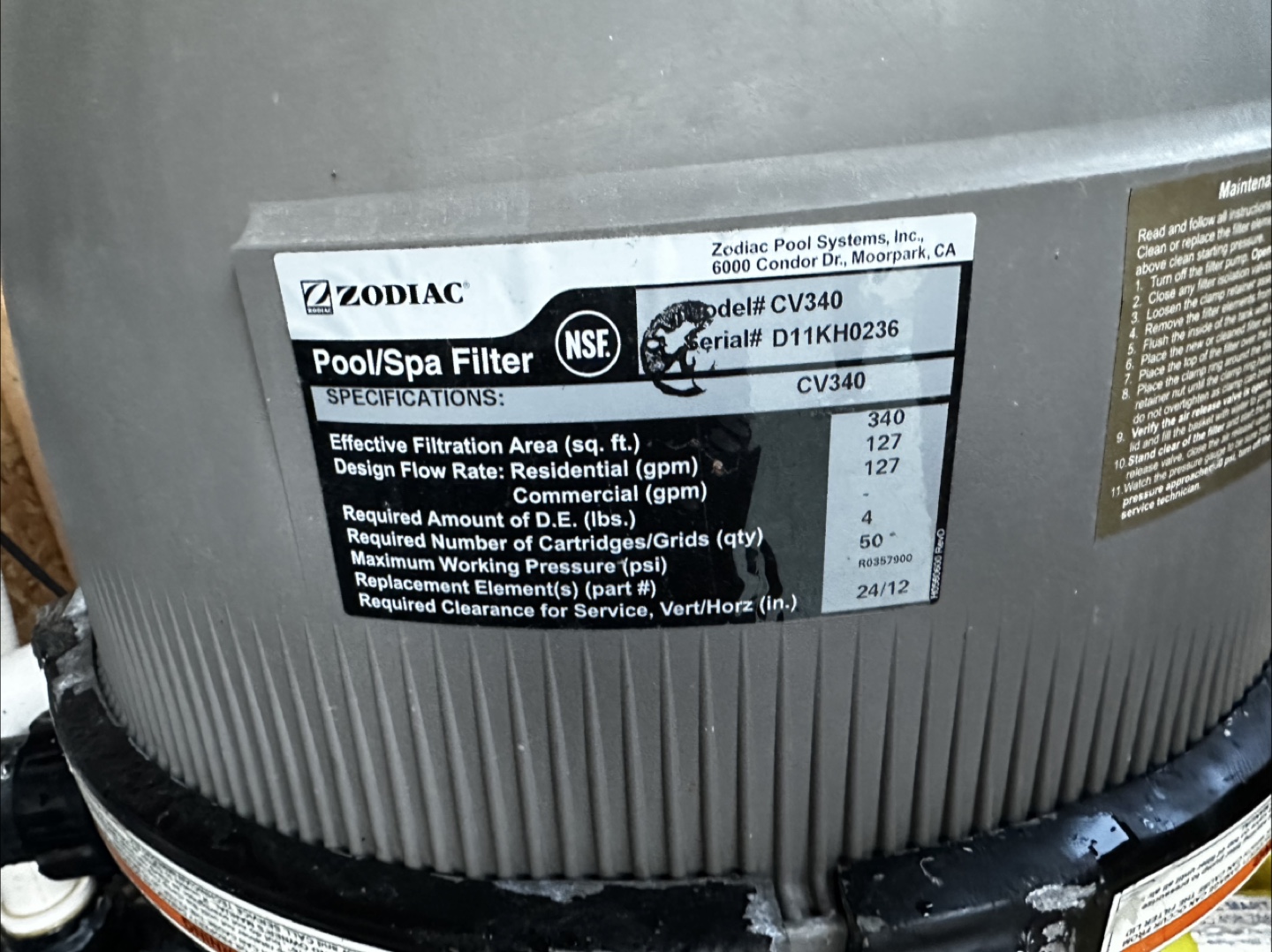 Zodiac CV340 Pool/Spa Filter - photo 2