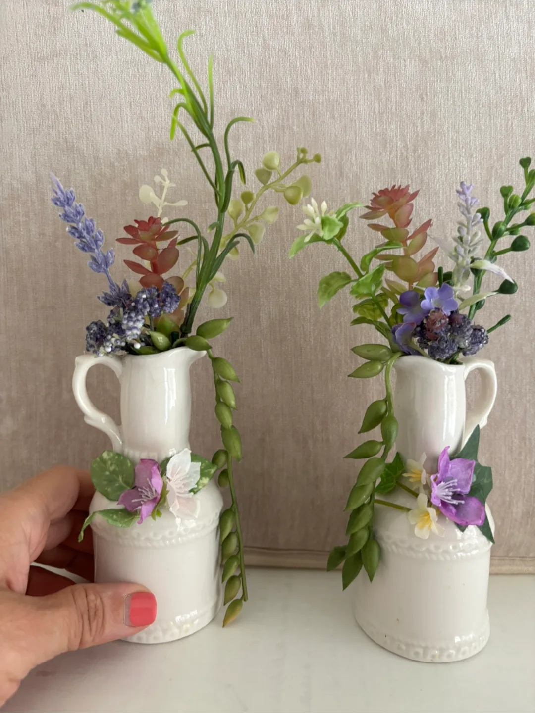 Decorative White Pitcher Vase with Flowers thumbnail
