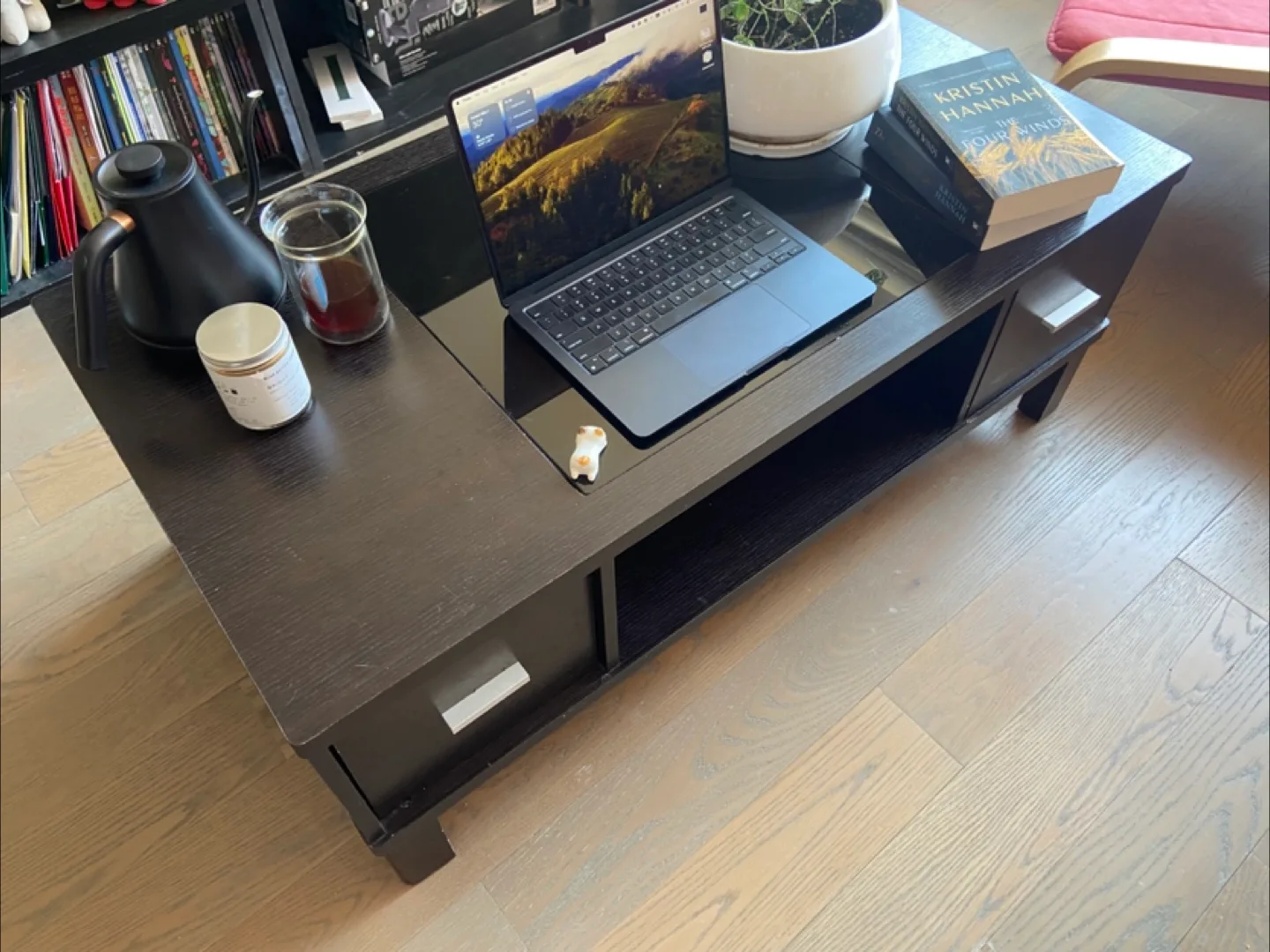 Modern Espresso Coffee Table w/ Glass Inlay + Storage thumbnail