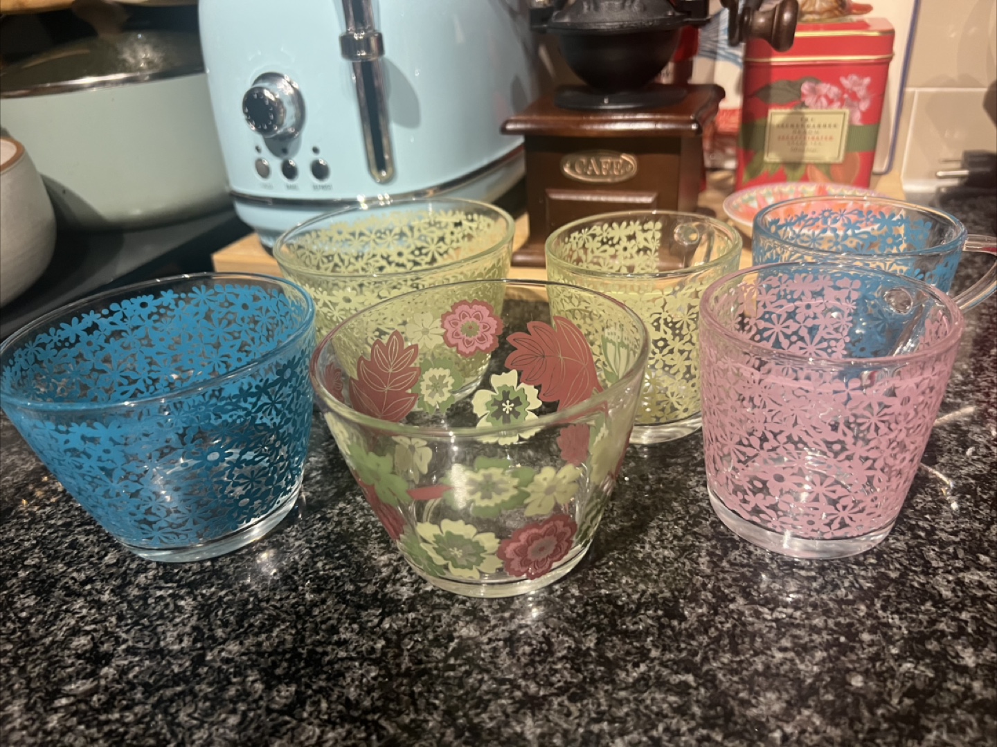 Floral Patterned Glass Cups and Bowls