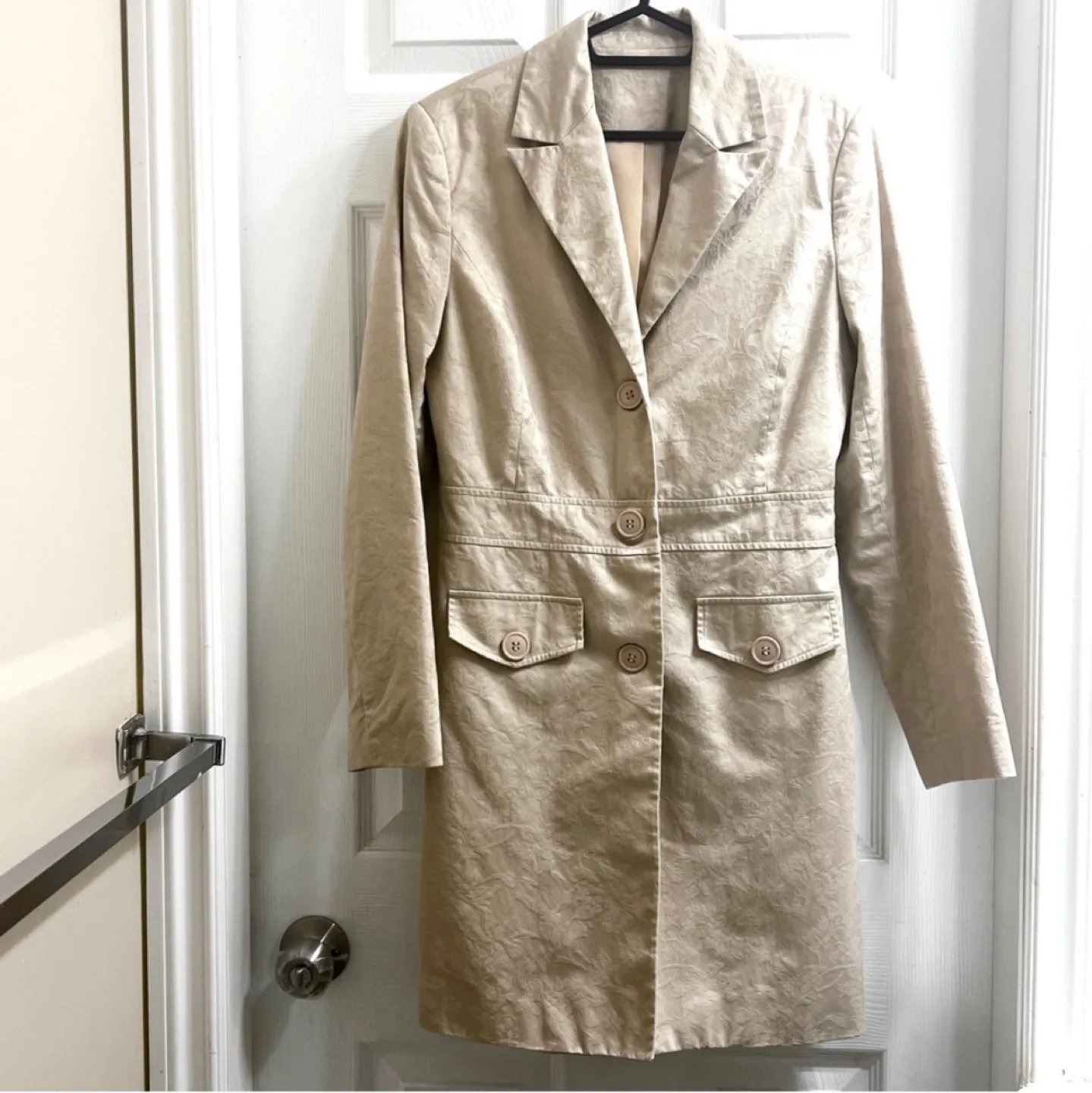 Floral Jacquard Beige Cream Tan Lightweight Trench Coat Jacket thumbnail