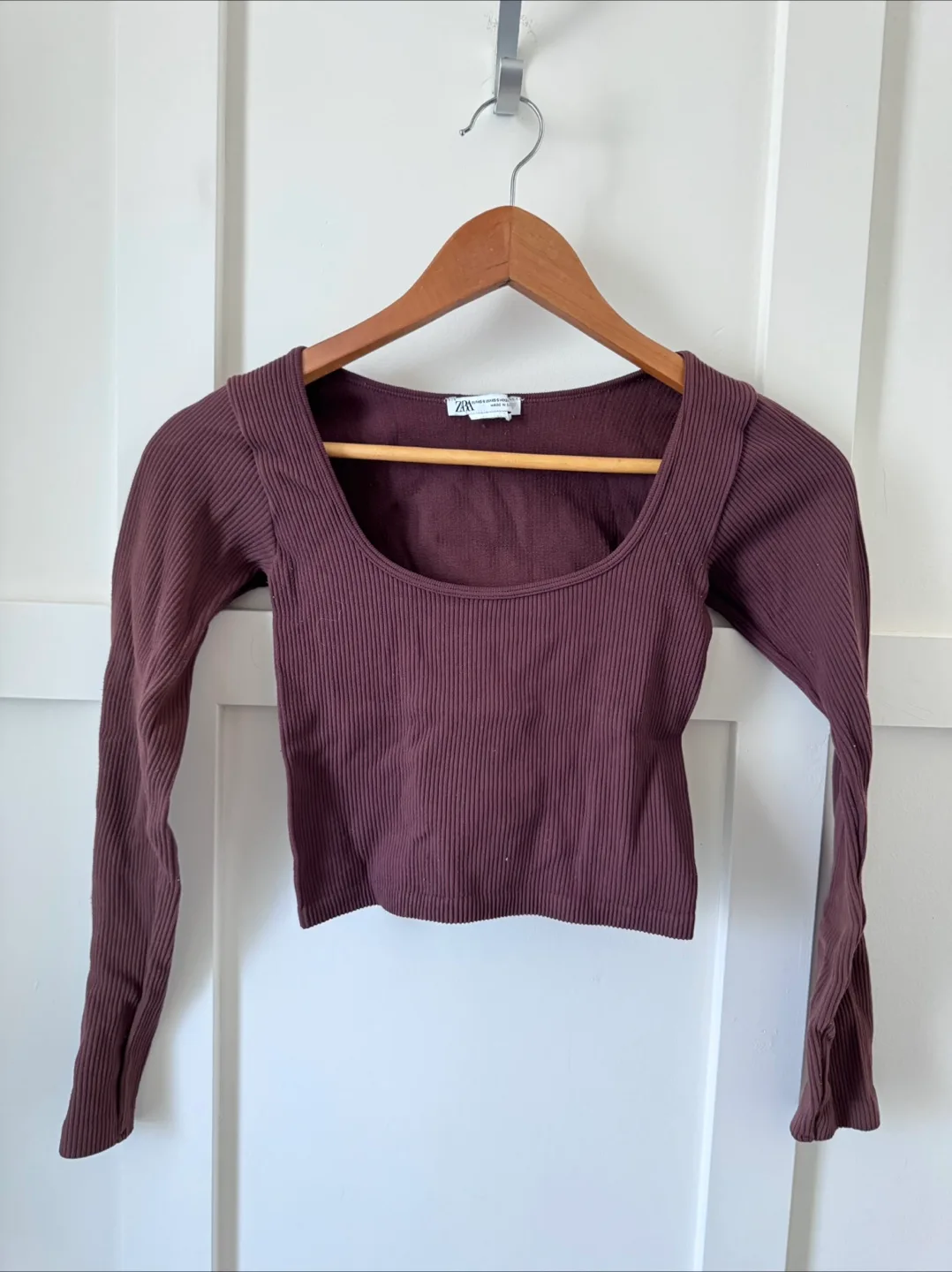 Zara Cropped Brown Ribbed Long Sleeve Top - Size S thumbnail