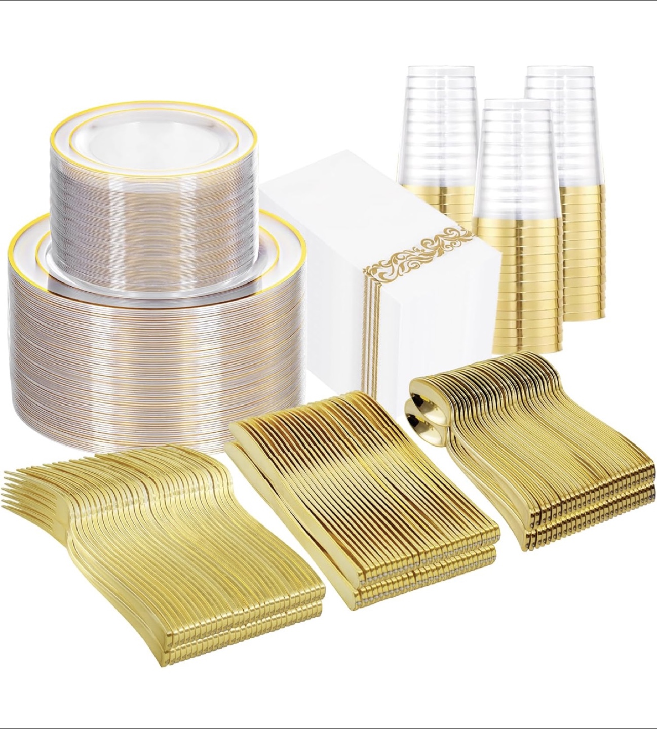 Gold Trim Party Dinnerware Set for 100 Guests