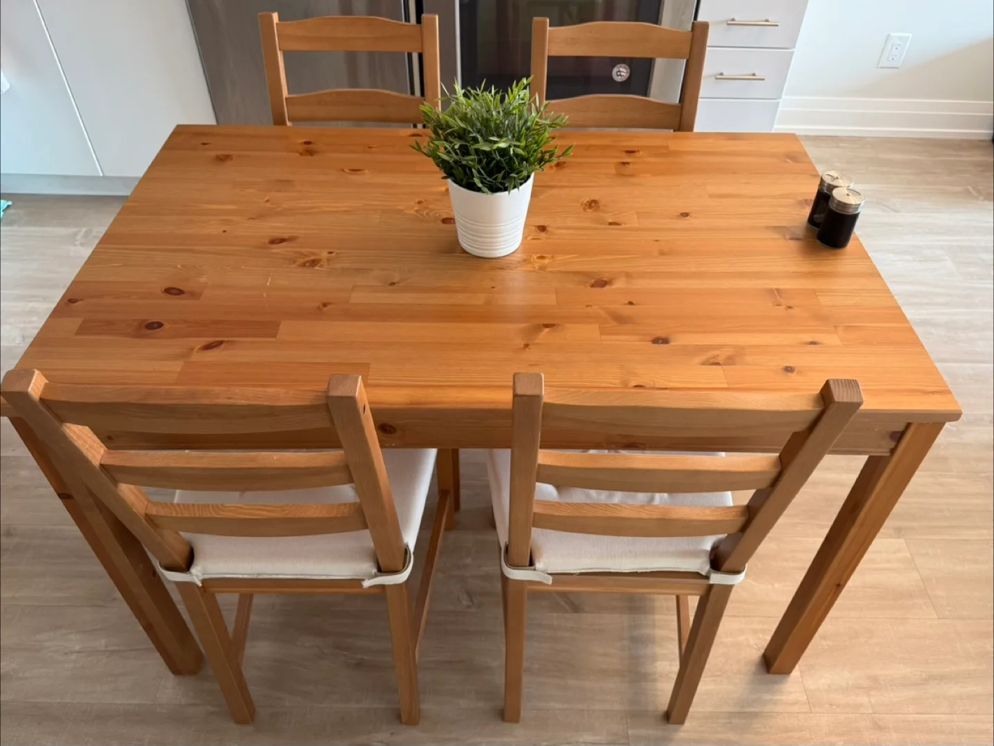 IKEA Solid Pine Dining Table & 4 Chairs+cushions thumbnail
