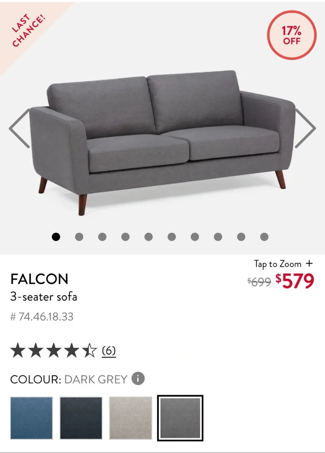 Falcon 3-Seater Sofa - Dark Grey thumbnail