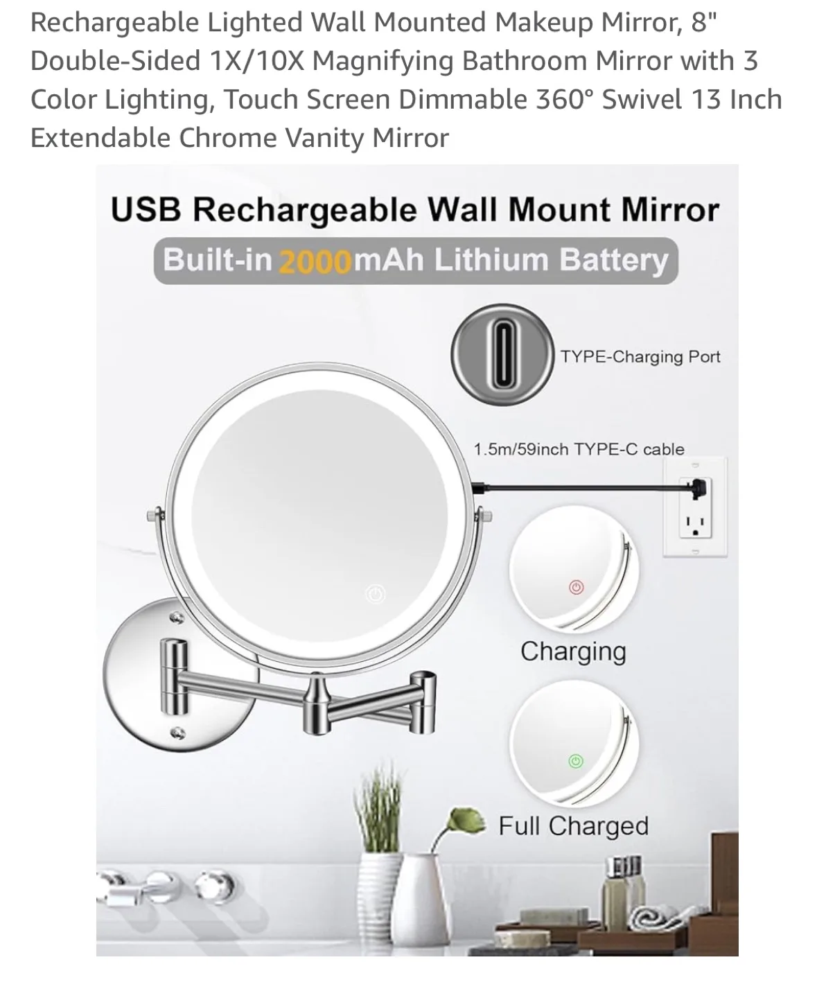 TOLOYE Rechargeable Lighted Wall Mounted Makeup Mirror image indicator(2)