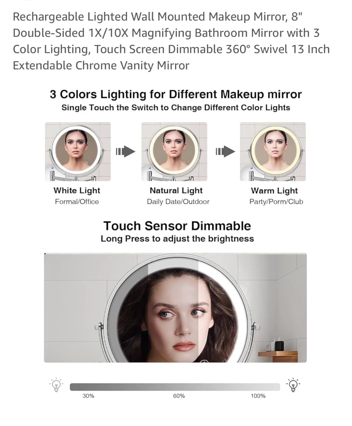 TOLOYE Rechargeable Lighted Wall Mounted Makeup Mirror image indicator(3)