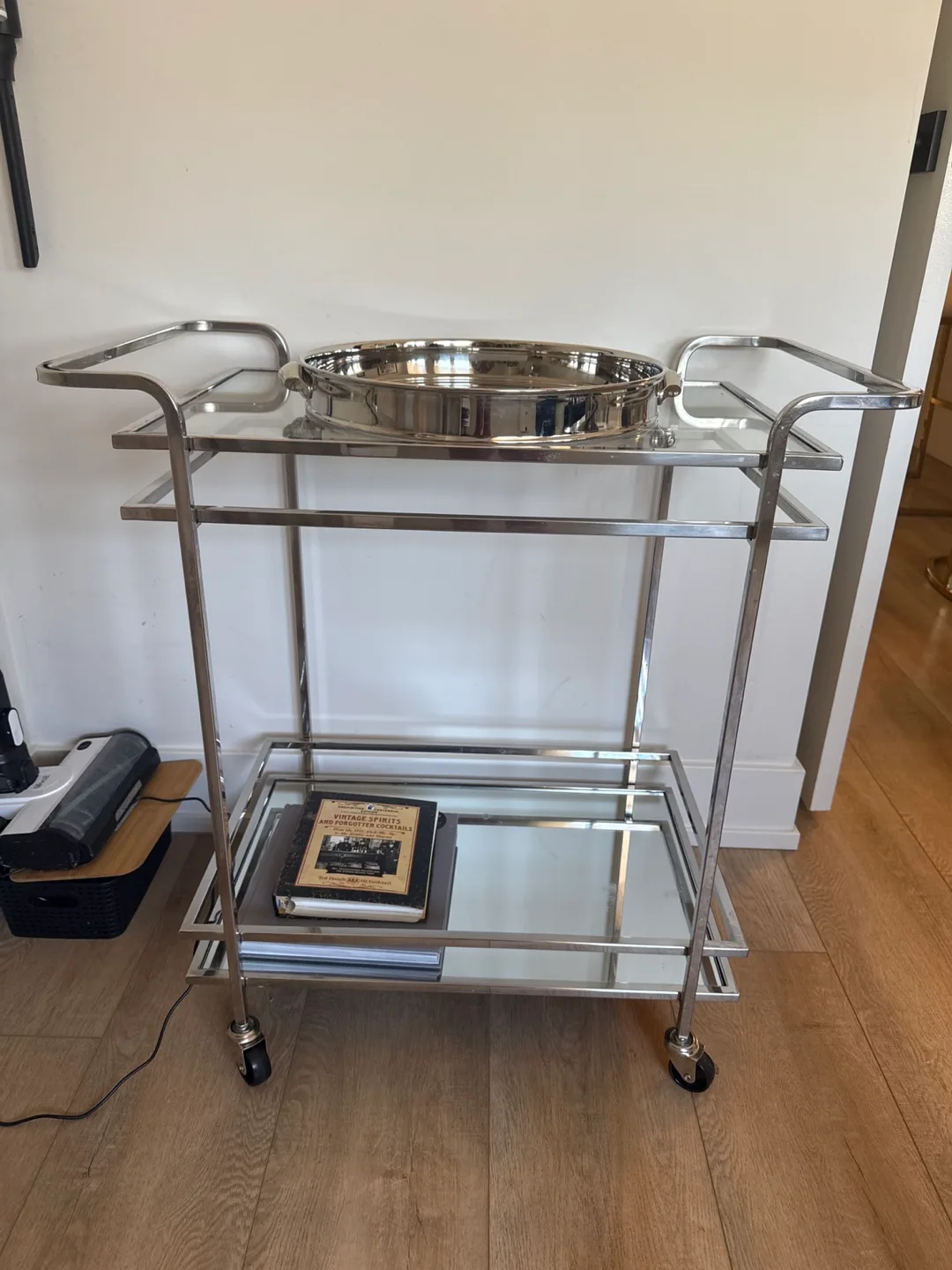 CB2 Chrome Bar Cart with Glass Shelves thumbnail