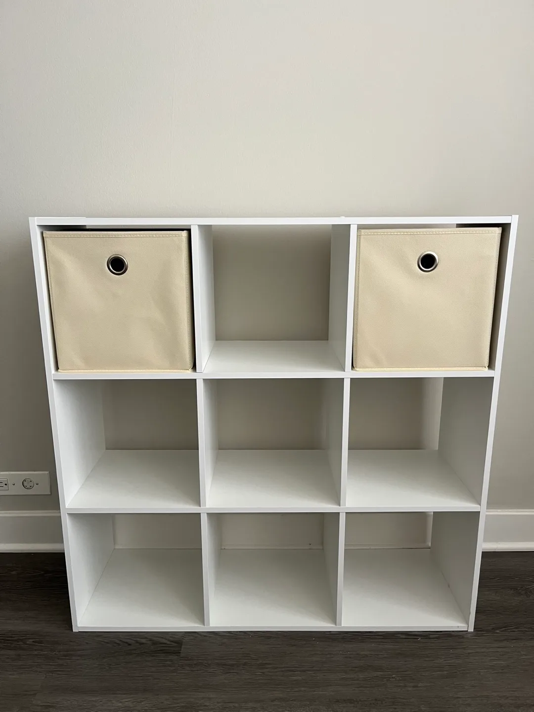White 9-Cube Storage Shelf with Beige Bins thumbnail
