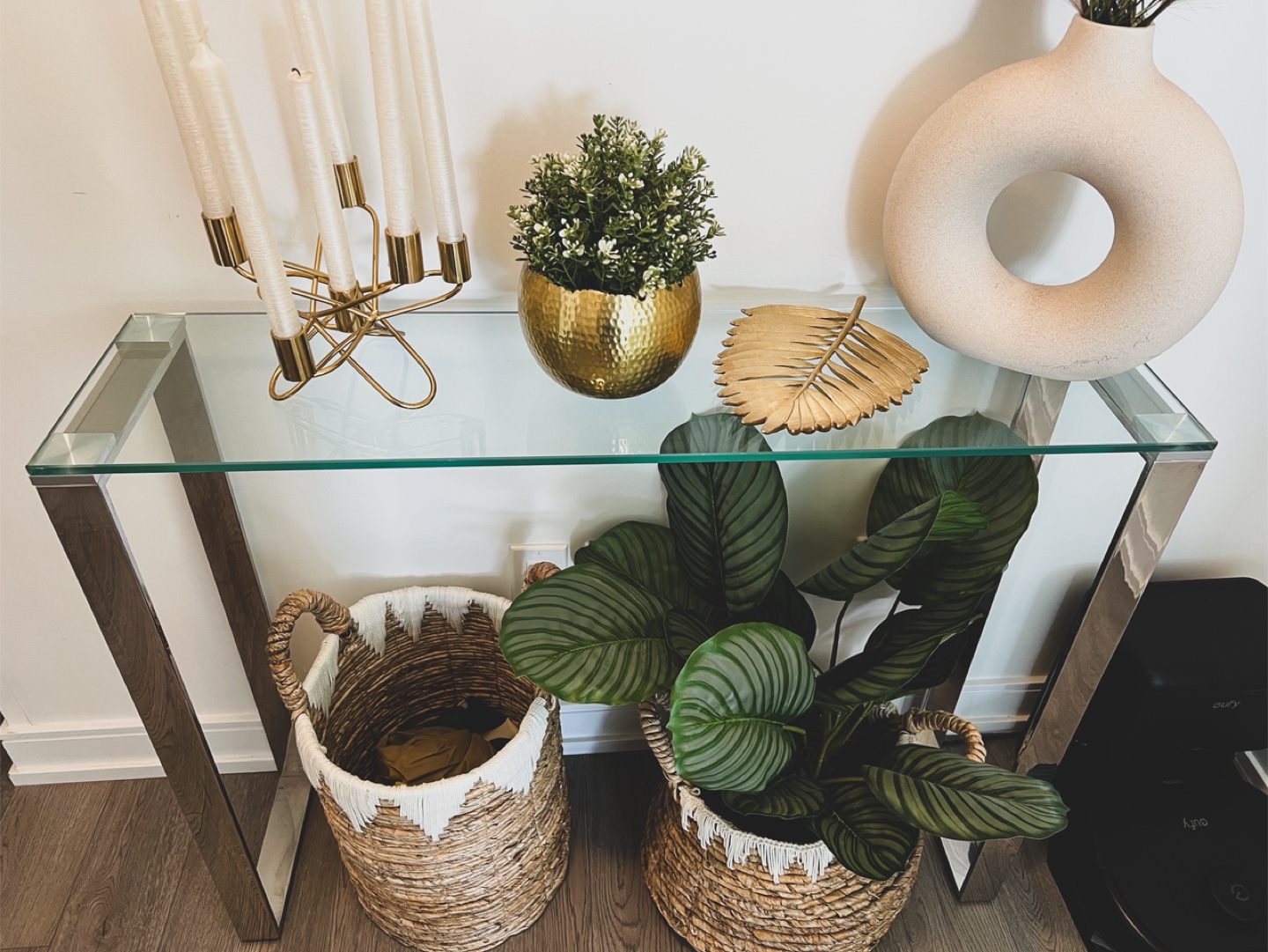 Glass top metal console table and metal round wall mirror
