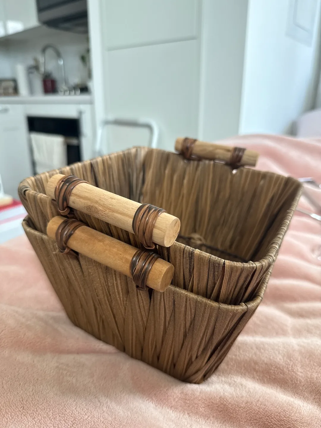 2 Wicker Storage Baskets with Wood Handles thumbnail