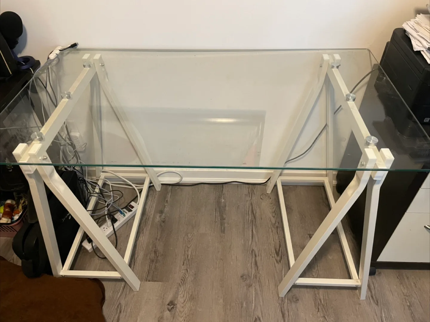 Glass Top Desk with White Frame and cord organizer. thumbnail