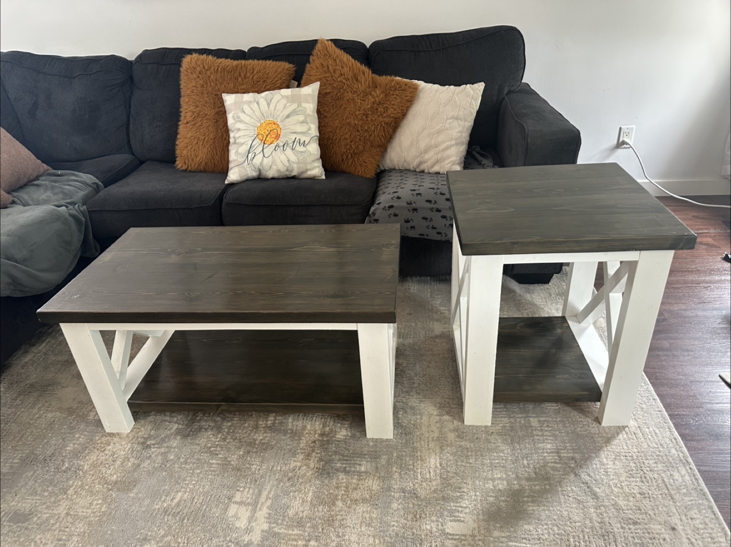 Coffee Table and End Table Set - Dark Wood & White