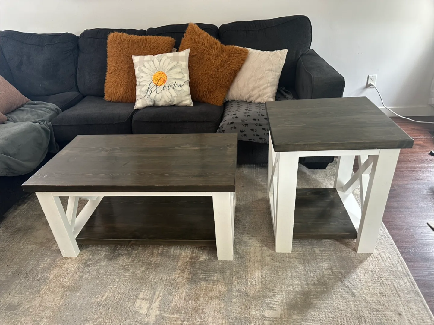 Coffee Table and End Table Set - Dark Wood & White thumbnail