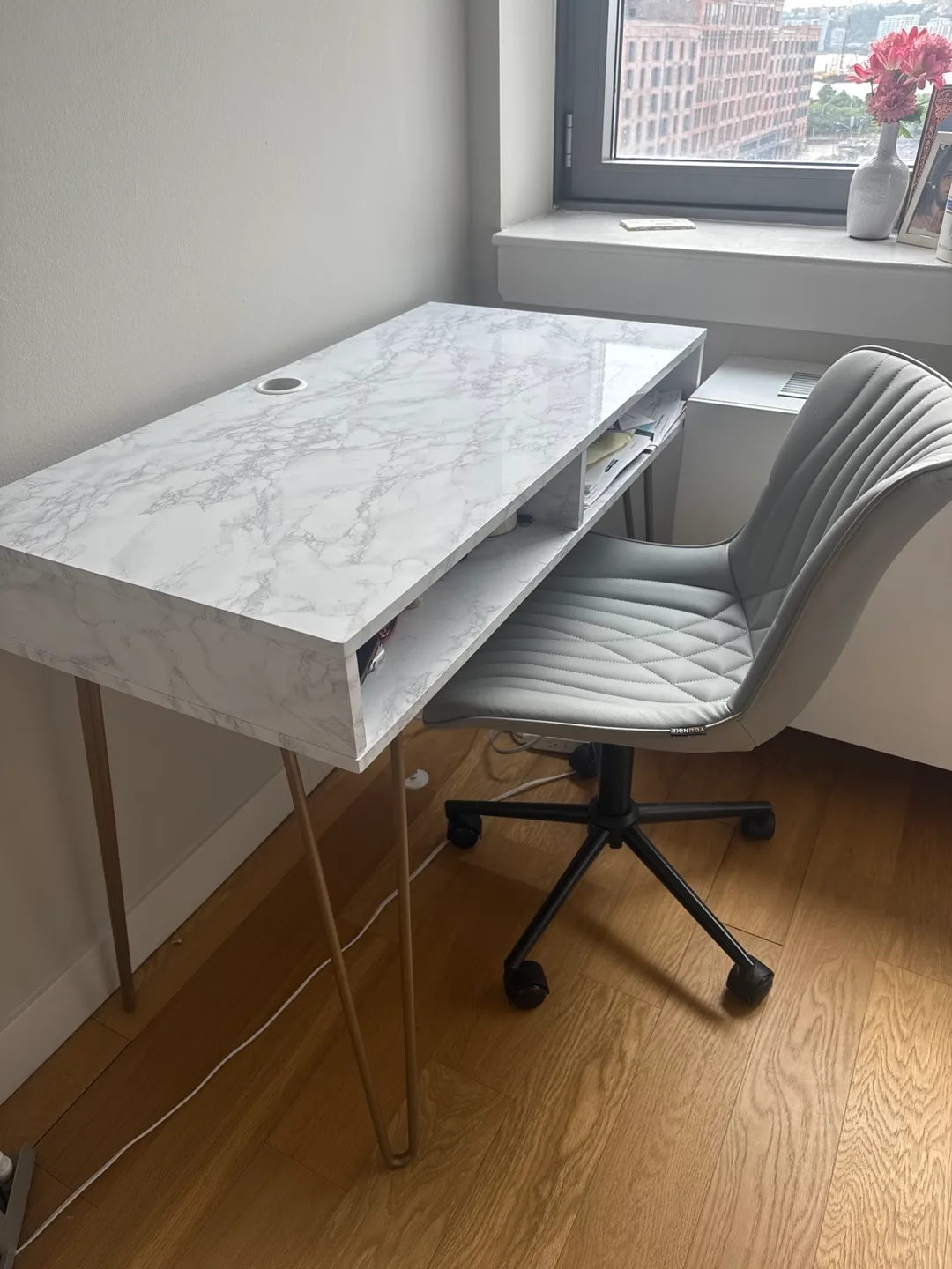 White Marble Desk with Gold Legs with Chair thumbnail