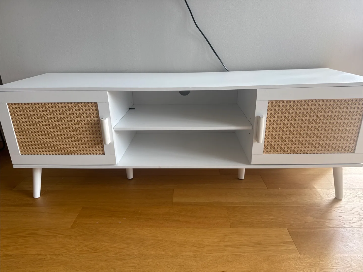 White TV Stand with Rattan Doors thumbnail