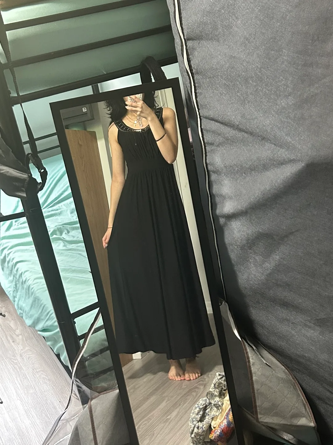Black Sleeveless Maxi Dress with Embellished Neckline thumbnail