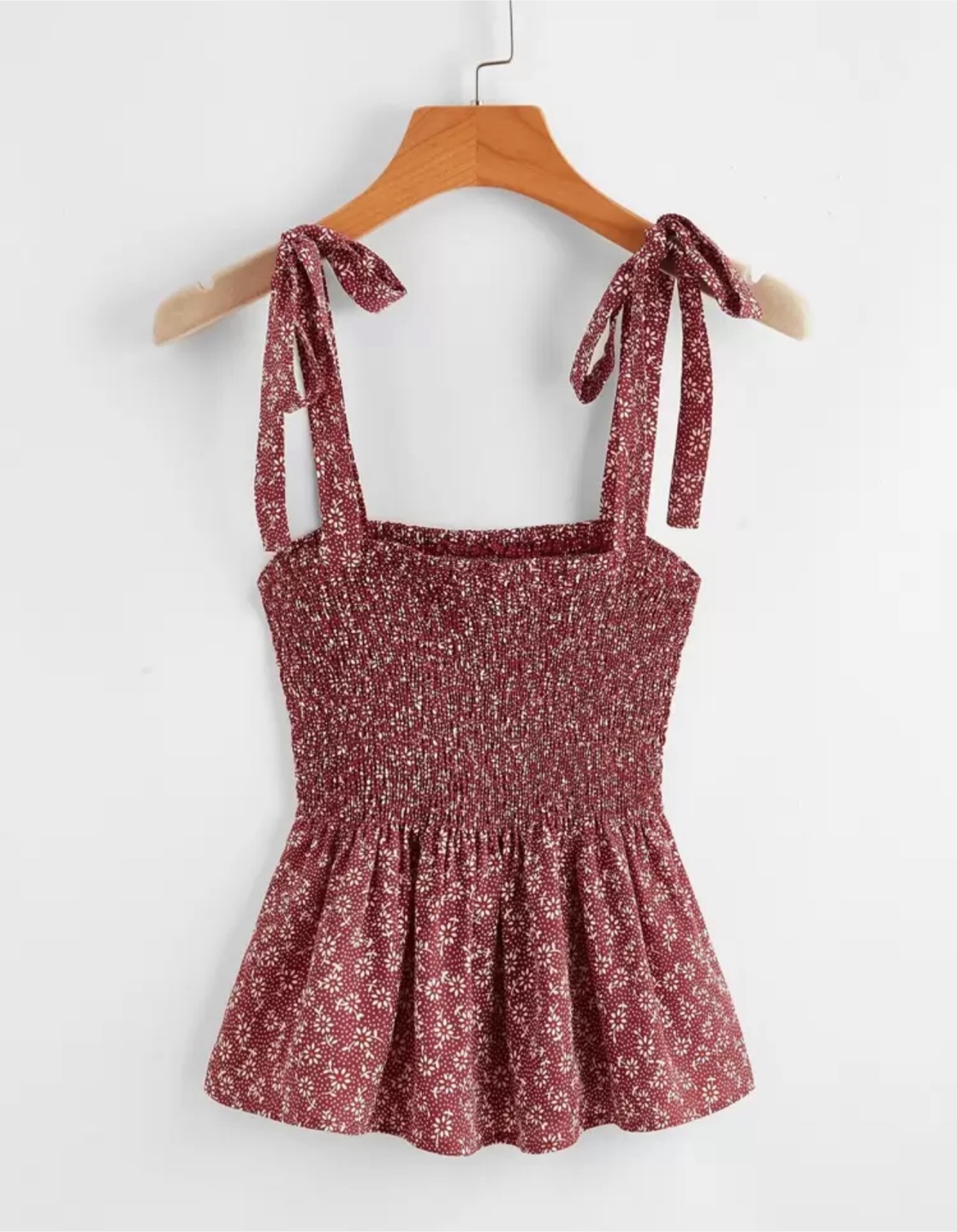 Red Floral Tie Strap Smocked Tank Top