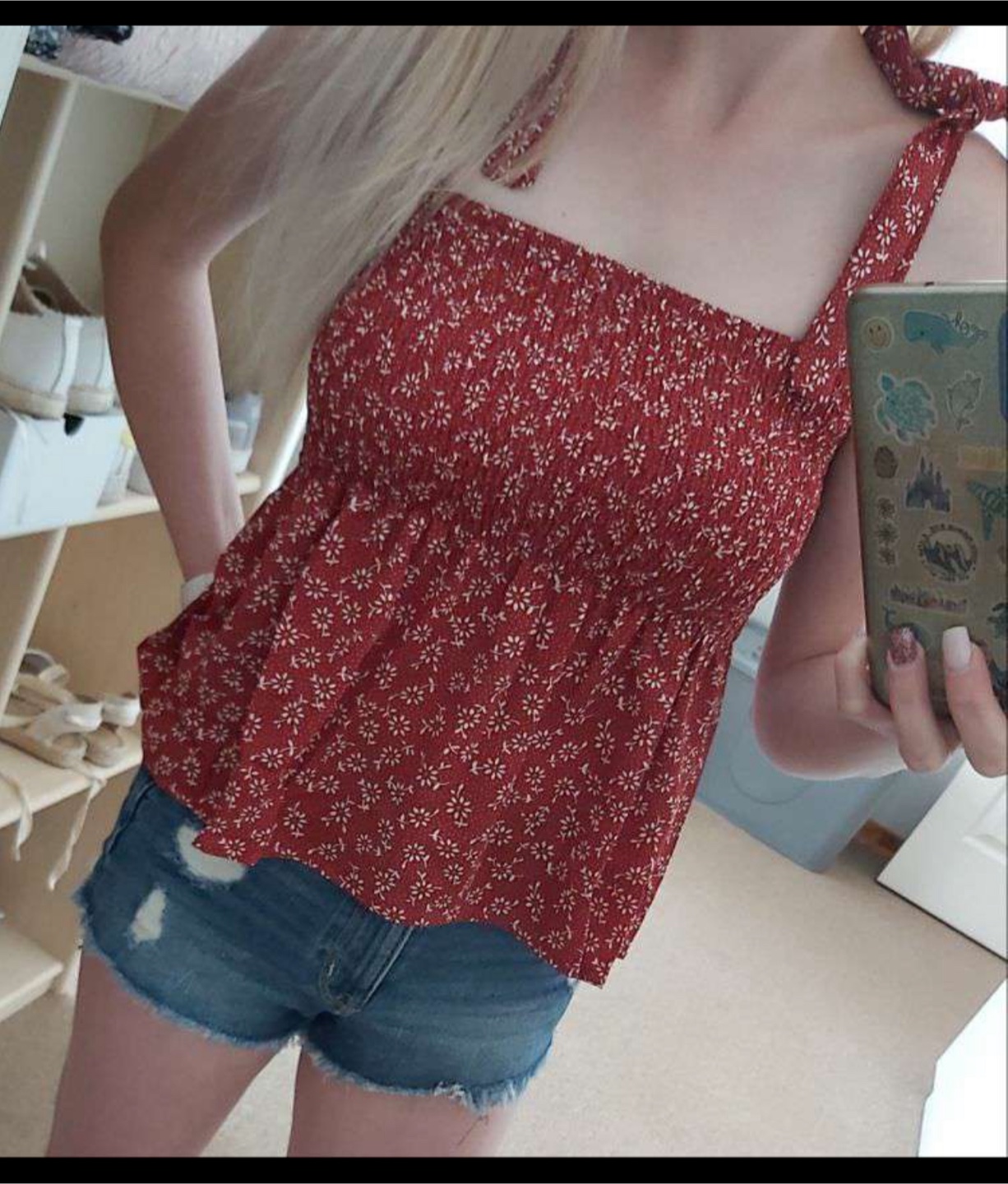 Red Floral Tie Strap Smocked Tank Top - photo 2