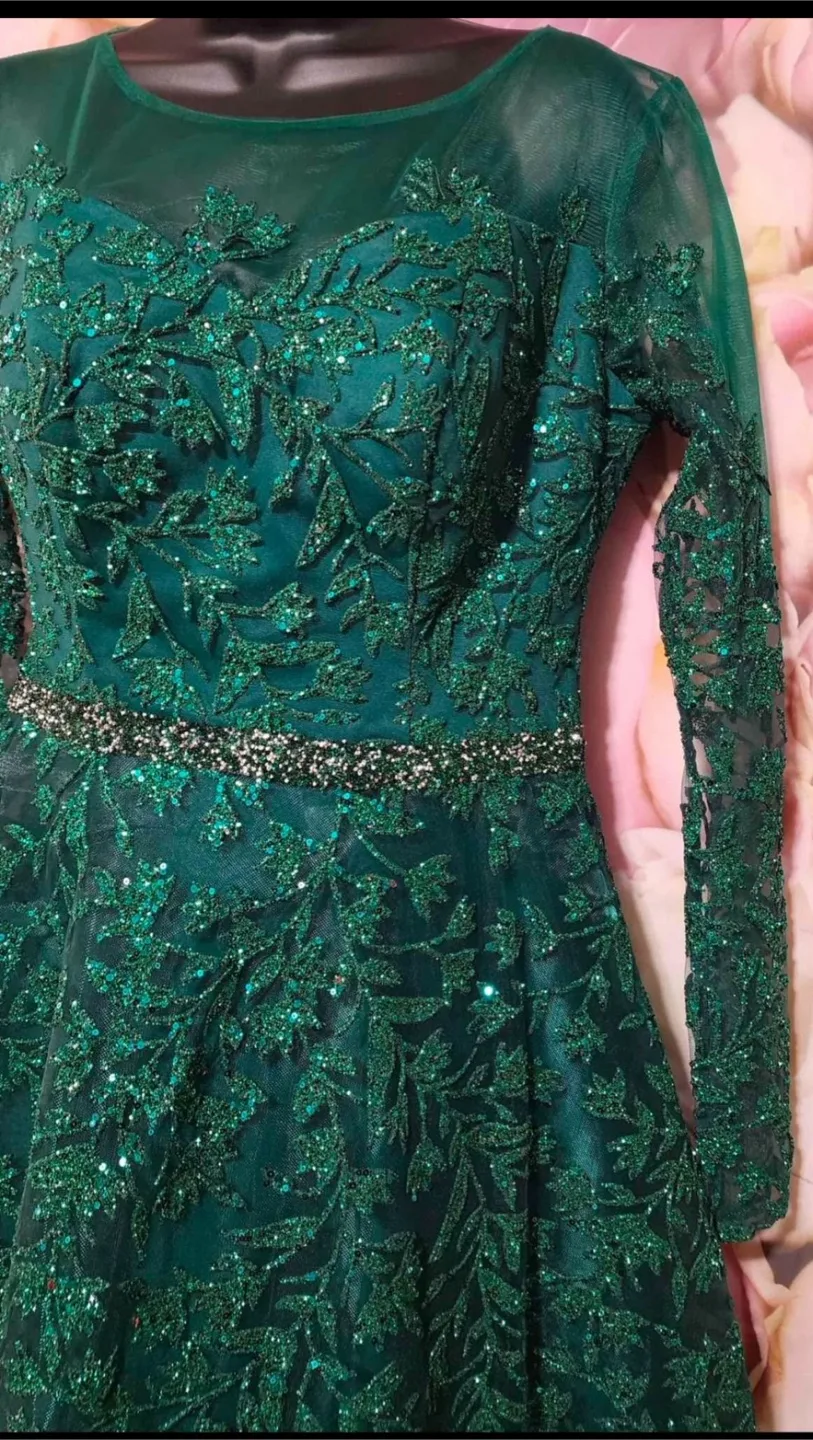 Emerald Green Embellished Long Sleeve Dress thumbnail