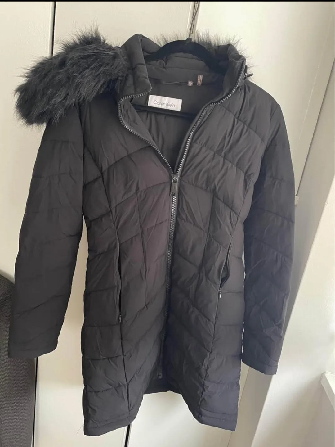 Calvin Klein Black Puffer Coat with Fur Hood thumbnail