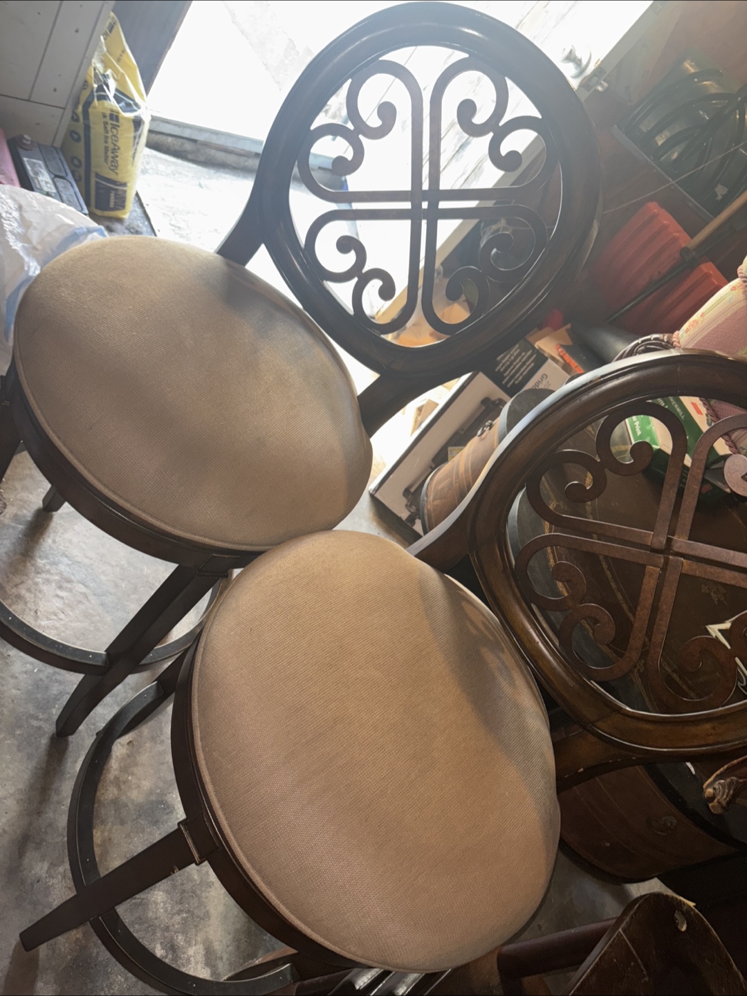 2 wood and metal swivel barstools