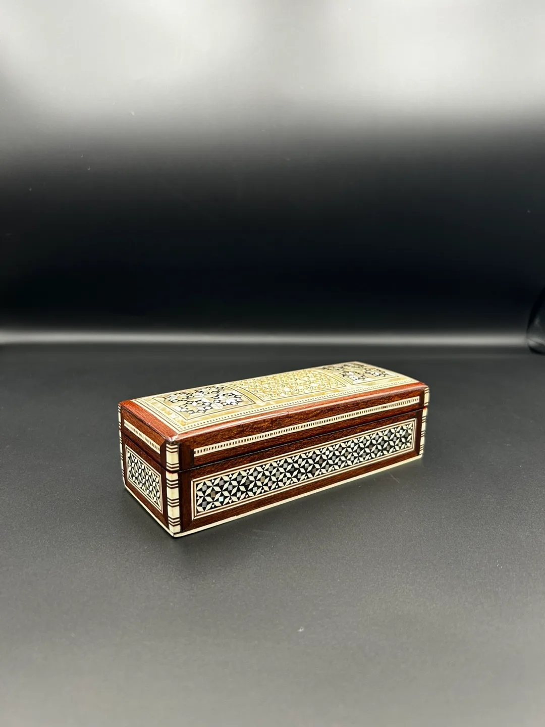 Mosaic Wooden Trinket Box Inlaid with Mother of Pearl thumbnail