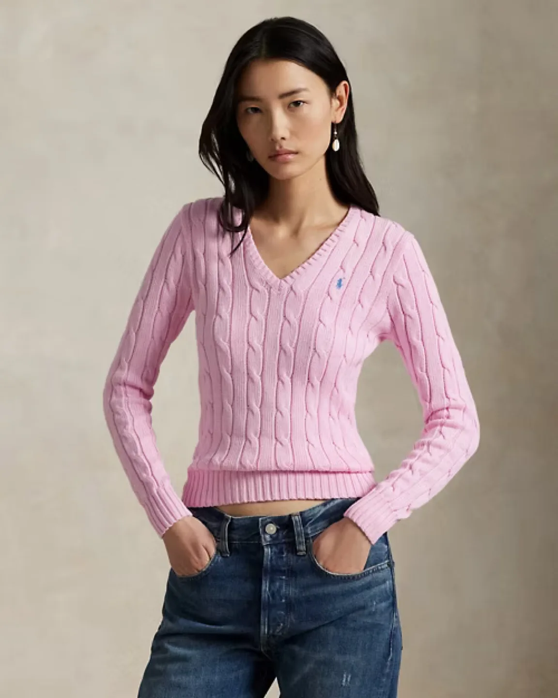 Ralph Lauren Pink Cable Knit V neck Sweater thumbnail