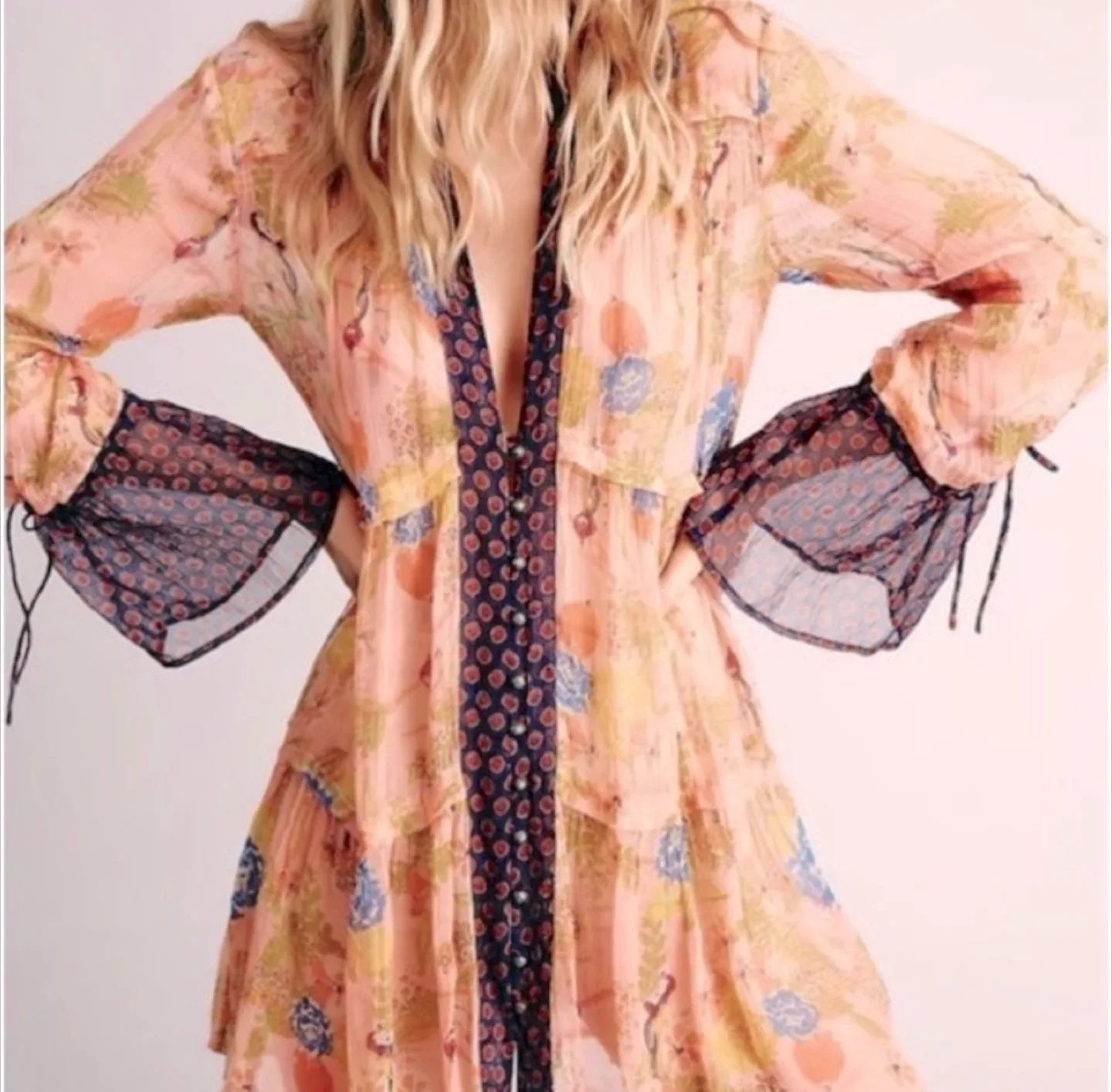 Free People Thunder Canyon Floral Boho Sheer Tunic Blouse thumbnail