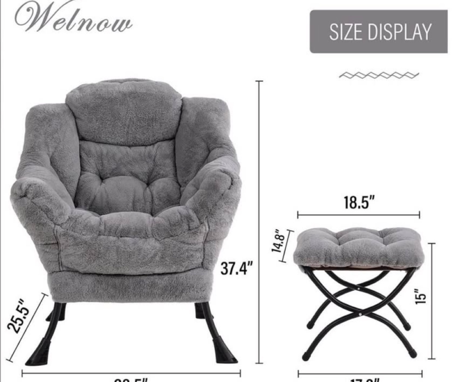 Welnow Grey Plush Chair with Ottoman - photo 3