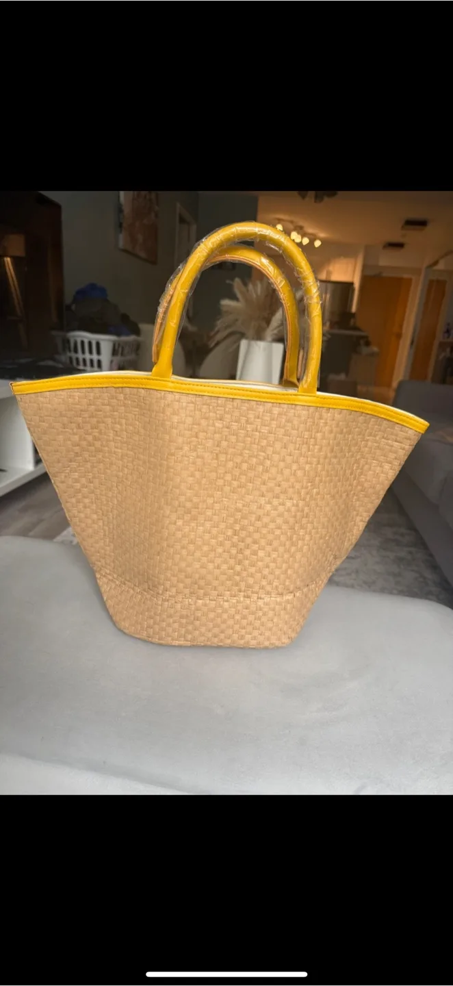 Woven Straw Beach Tote Bag - Yellow Trim thumbnail