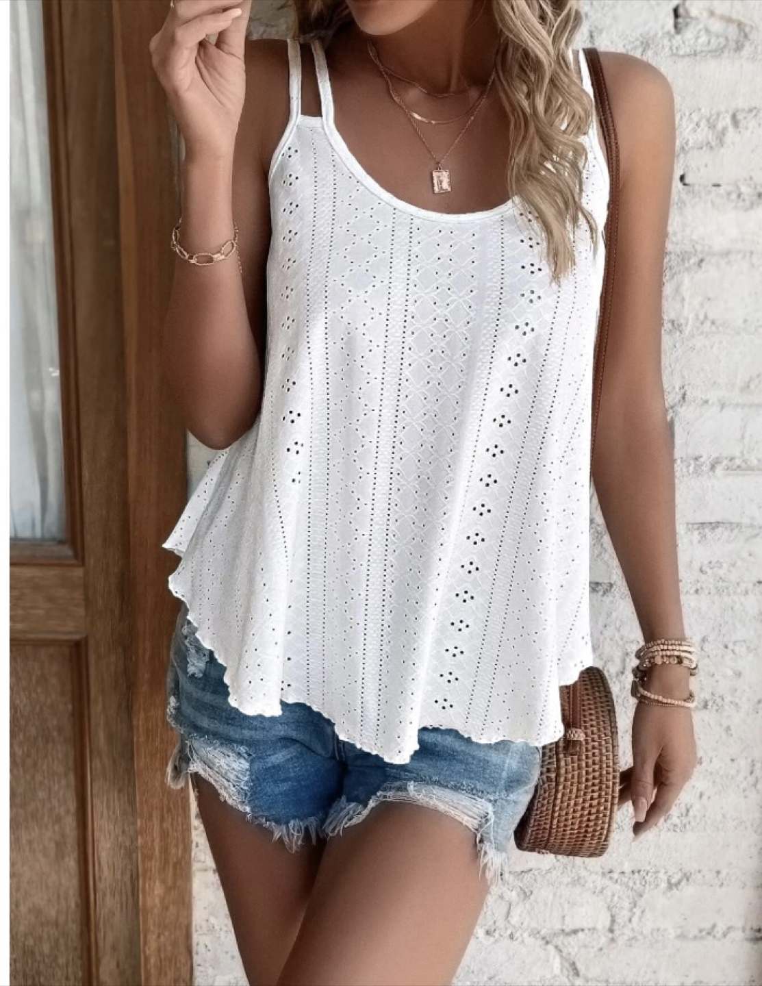 White Eyelet Embroidery Spaghetti Strap Tank Top, brand new - photo 3