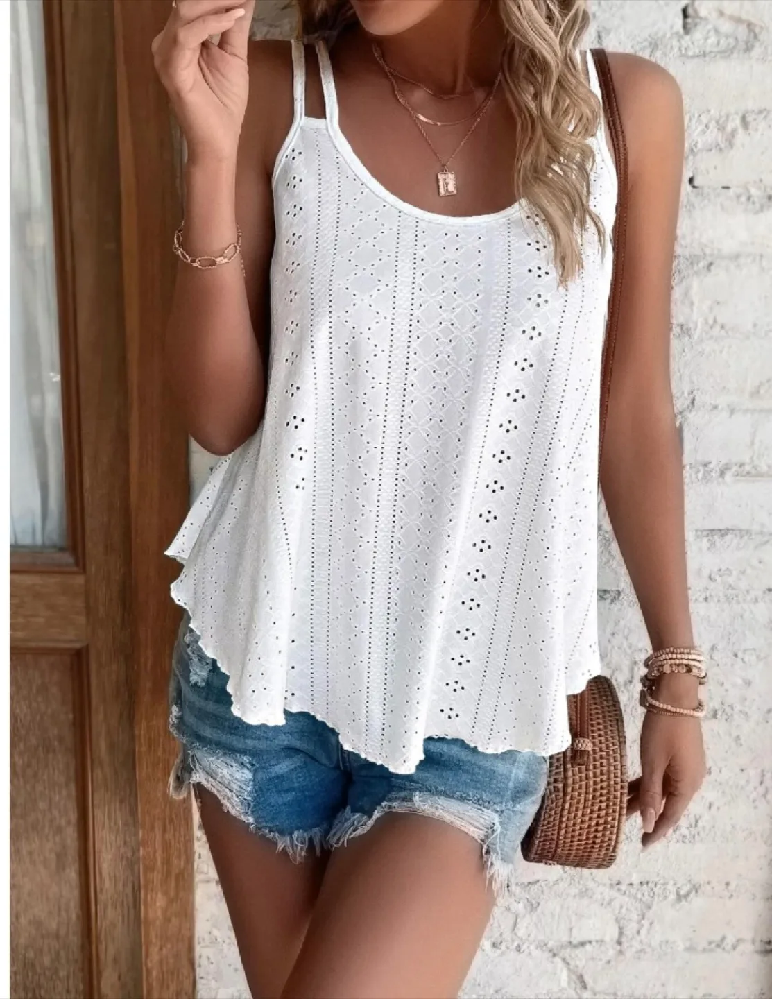 White Eyelet Embroidery Spaghetti Strap Tank Top, brand new image indicator(3)
