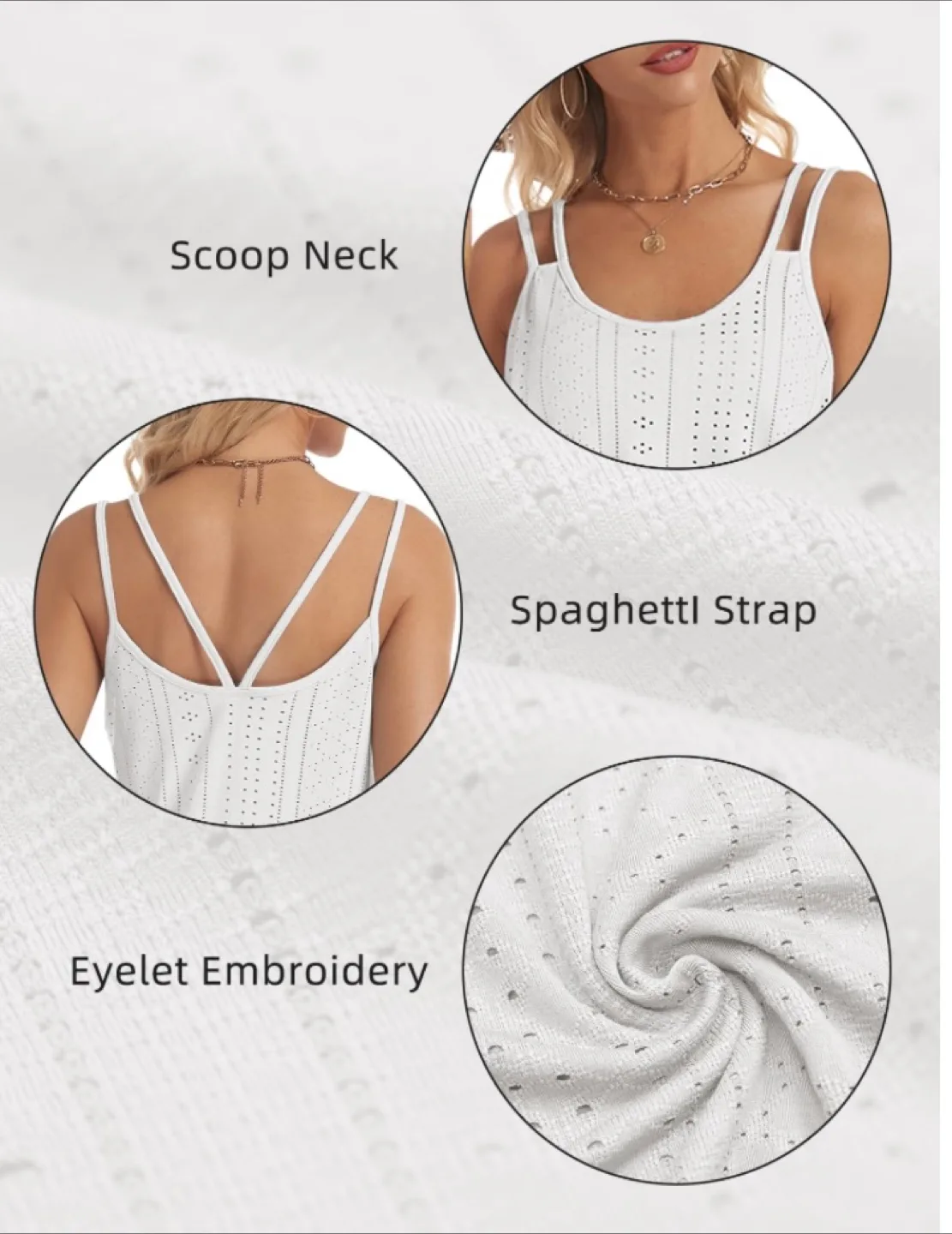 White Eyelet Embroidery Spaghetti Strap Tank Top, brand new image indicator(5)