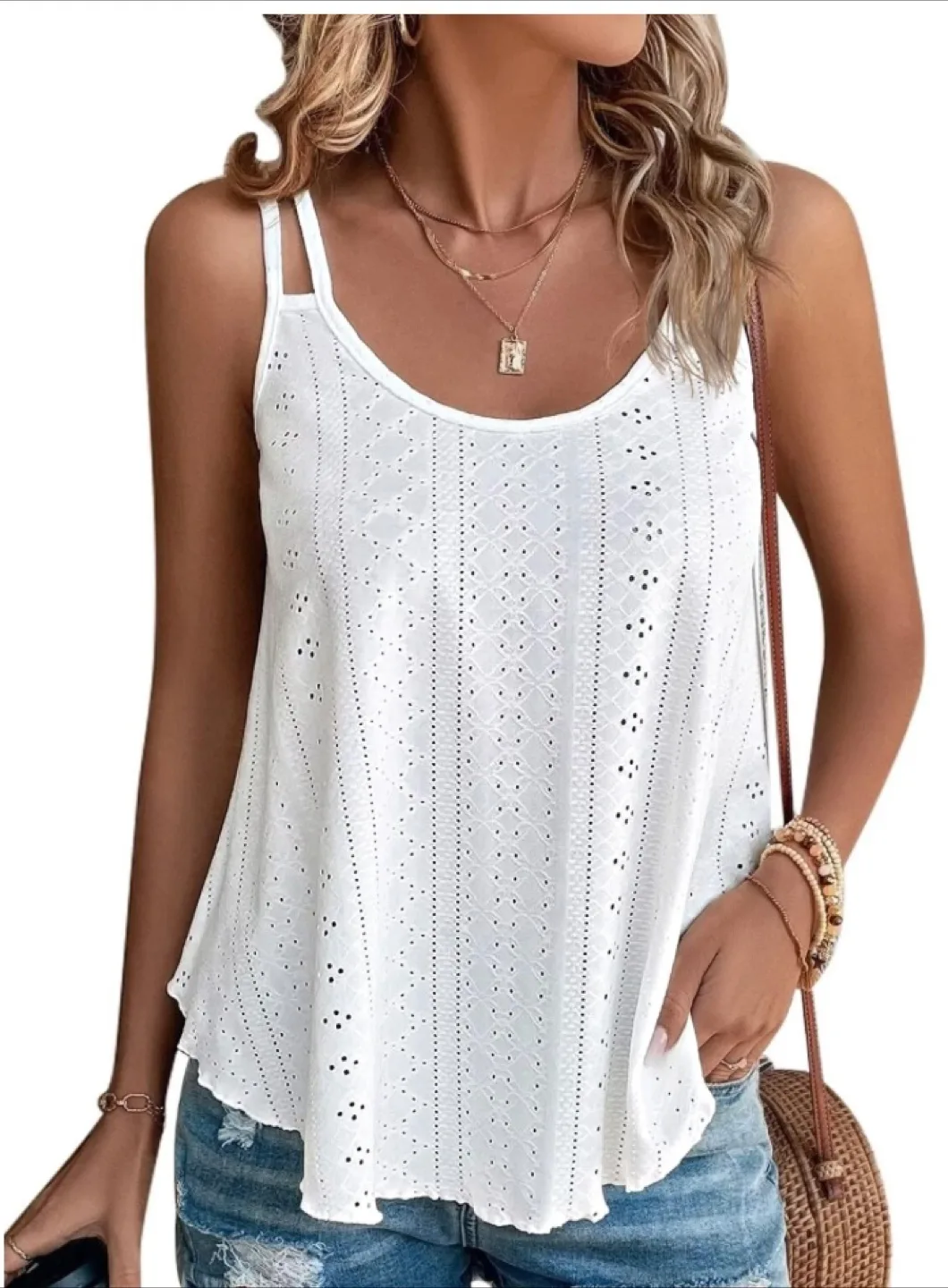 White Eyelet Embroidery Spaghetti Strap Tank Top, brand new thumbnail