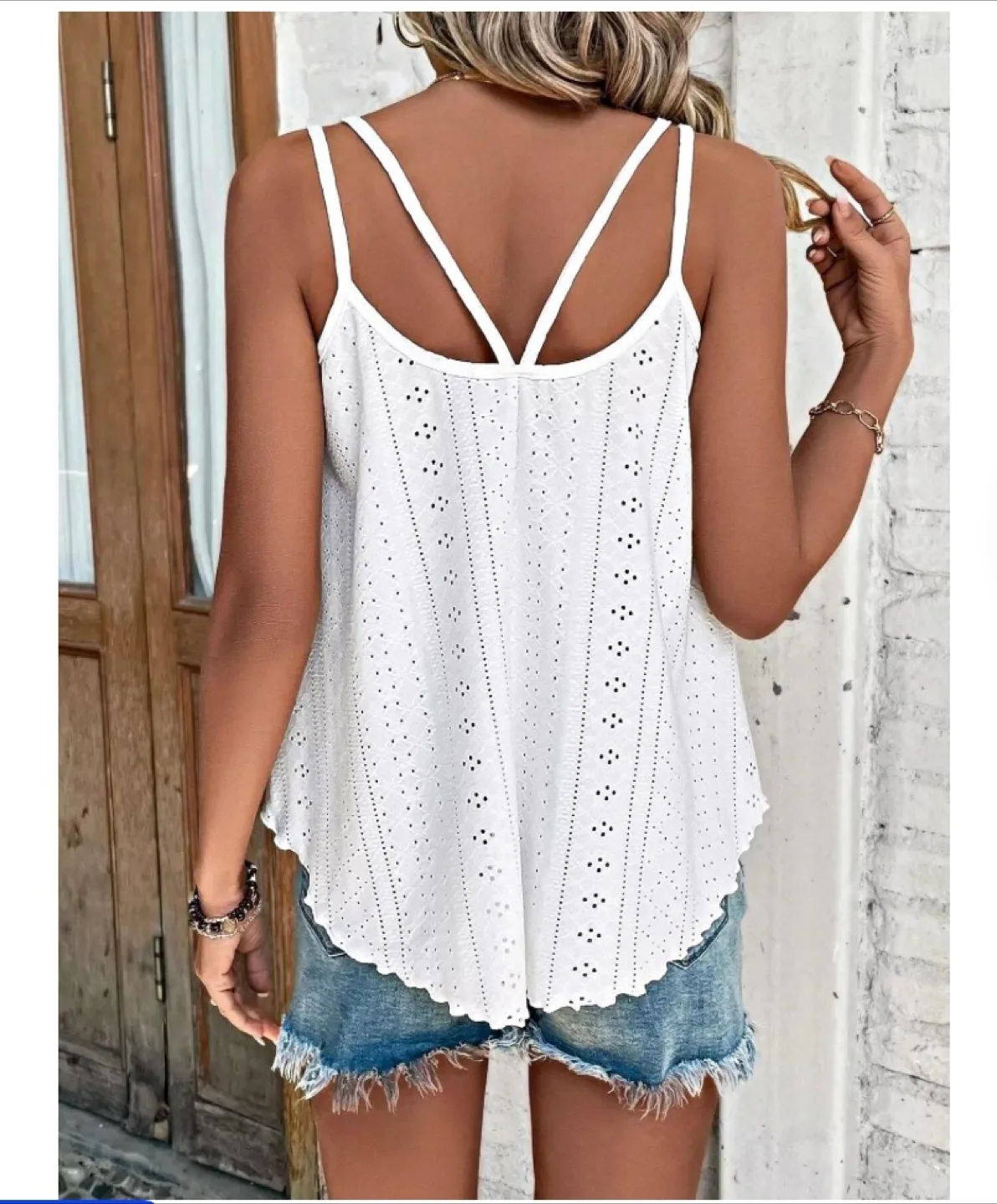 White Eyelet Embroidery Spaghetti Strap Tank Top, brand new image indicator(2)